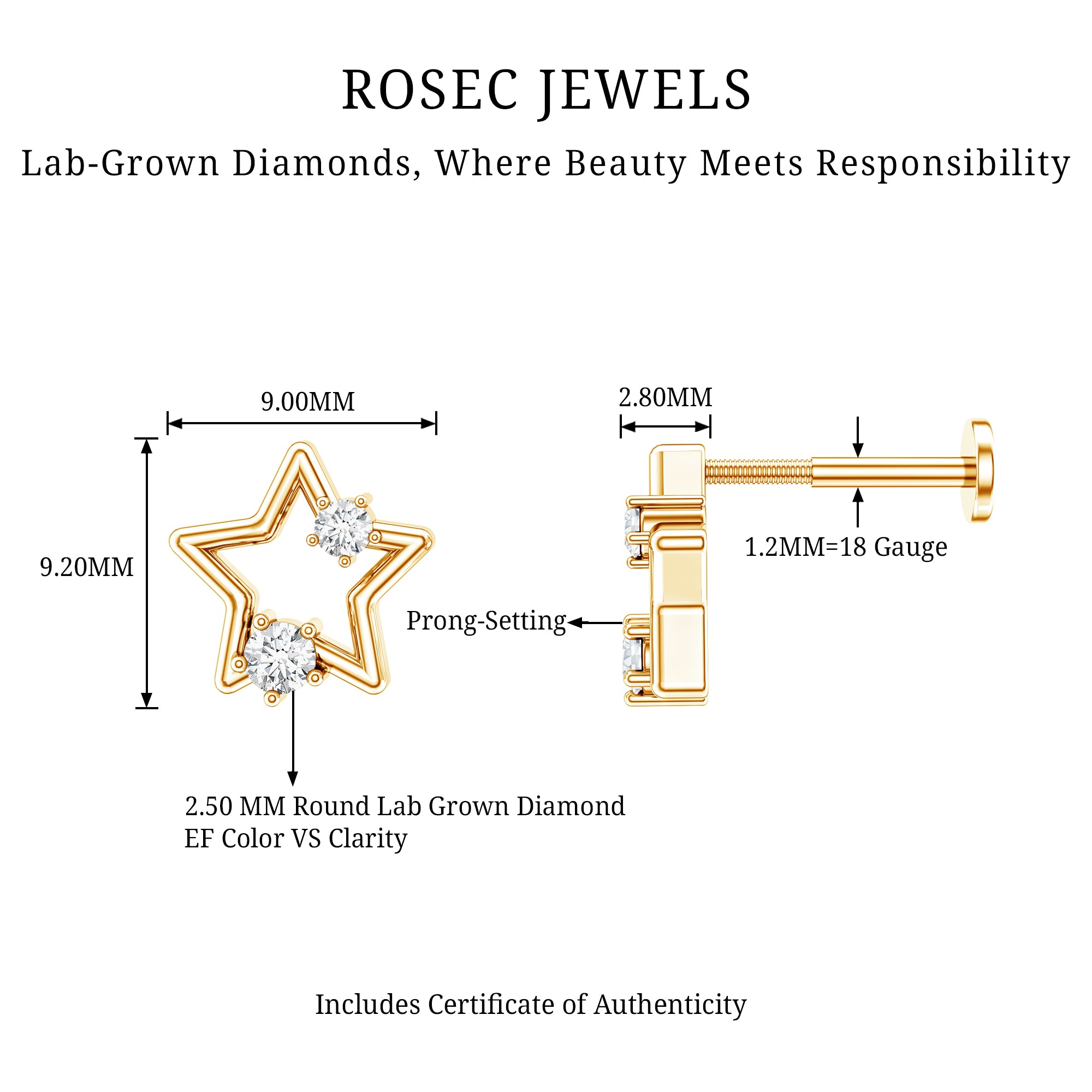 Certified Diamond Star Earring for Upper Lobe Piercing Lab - ( EF-VS ) - Rosec Jewels
