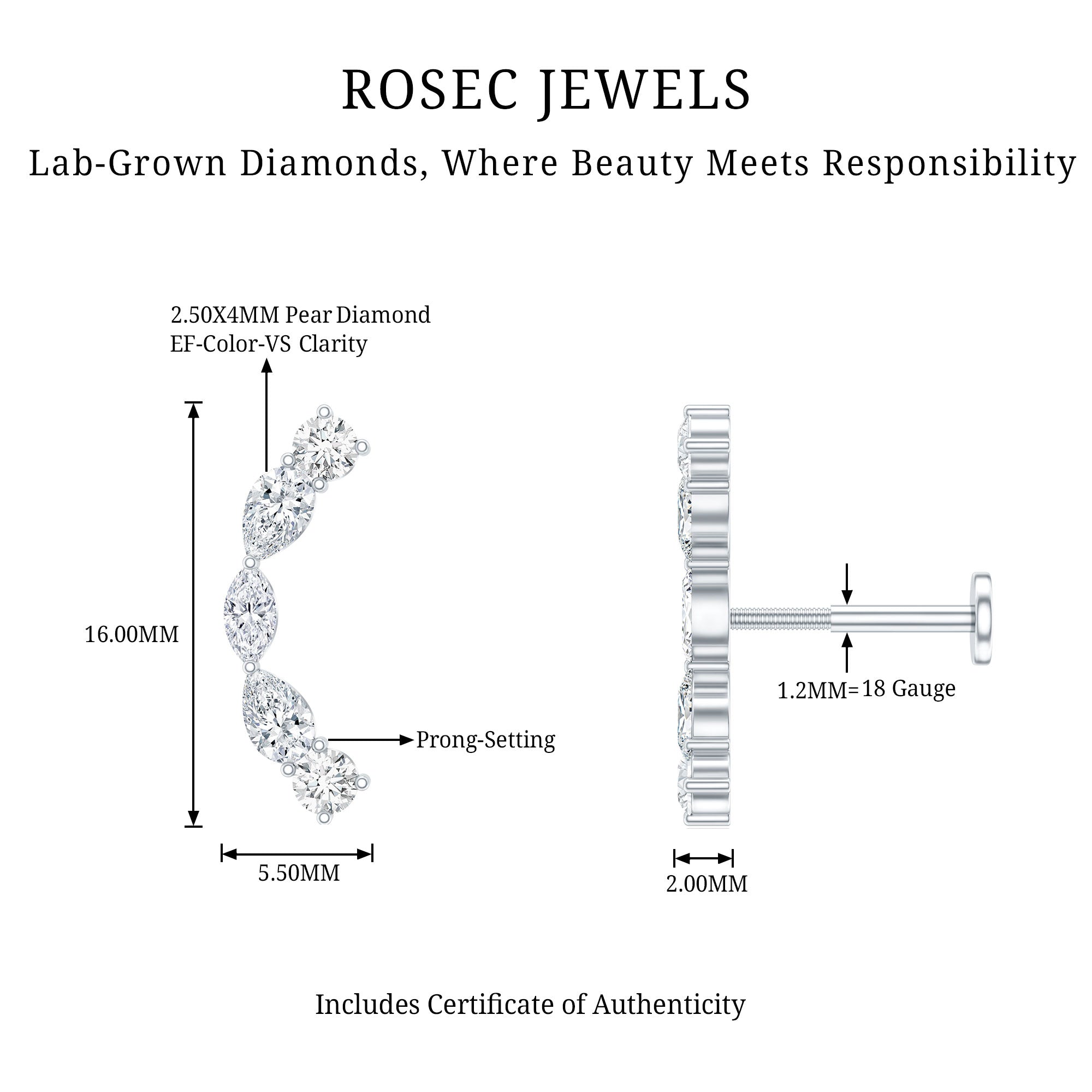 Pear Diamond Ear Crawler Earring for Helix Piercing Lab - ( EF-VS ) - Rosec Jewels