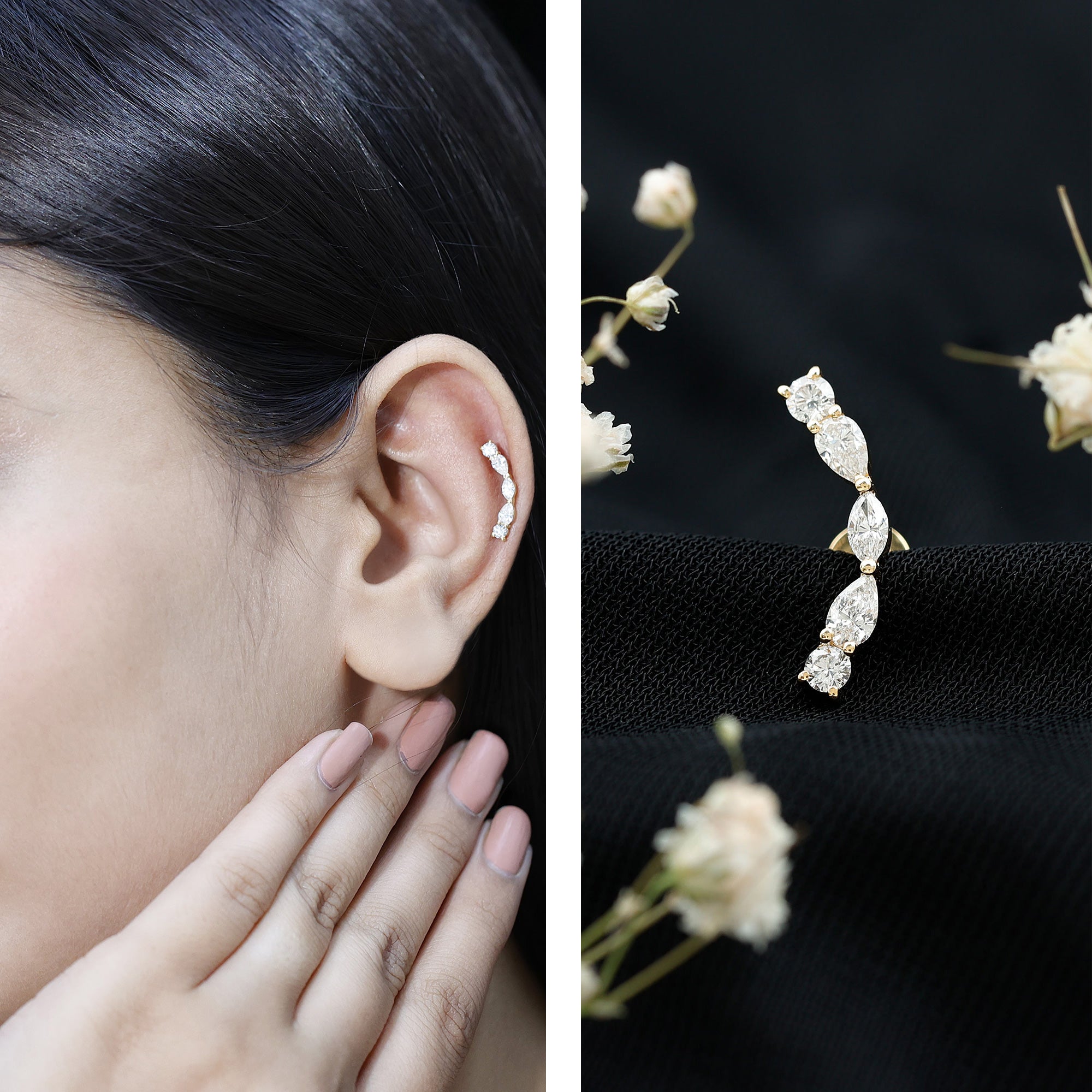 Pear Diamond Ear Crawler Earring for Helix Piercing Lab - ( EF-VS ) - Rosec Jewels