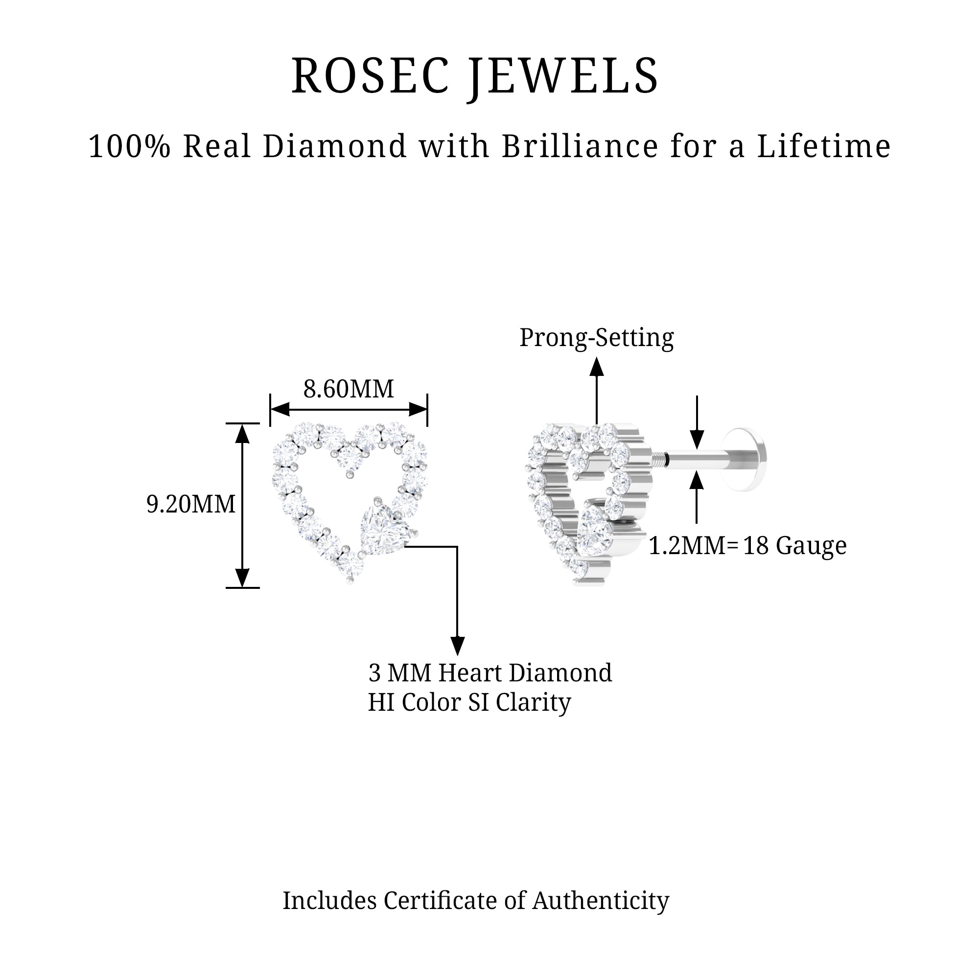 Diamond Heart Shape Cartilage Earring Lab - ( EF-VS ) - Rosec Jewels