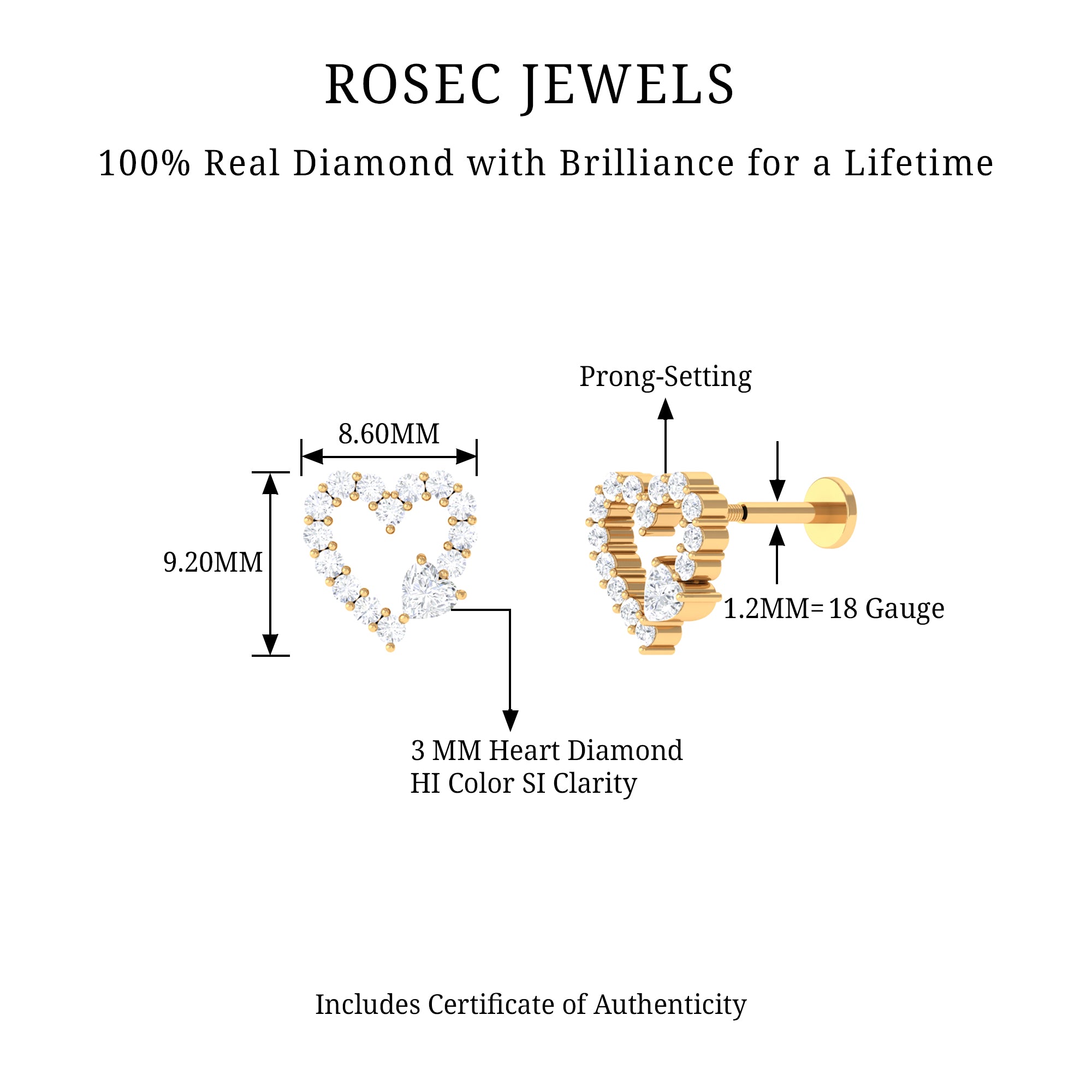 Diamond Heart Shape Cartilage Earring Lab - ( EF-VS ) - Rosec Jewels