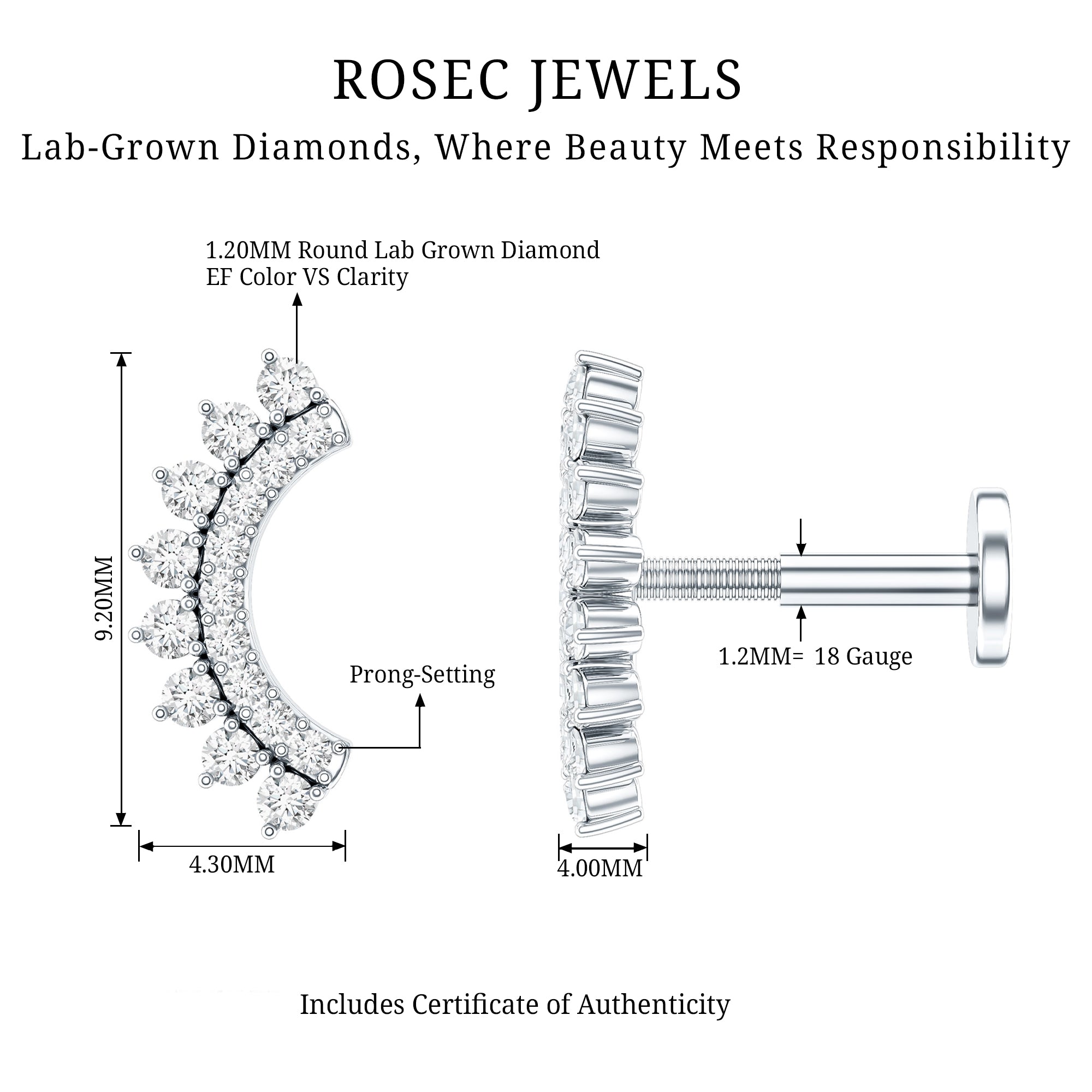 Certified Diamond Curved Cartilage Earring Lab - ( EF-VS ) - Rosec Jewels