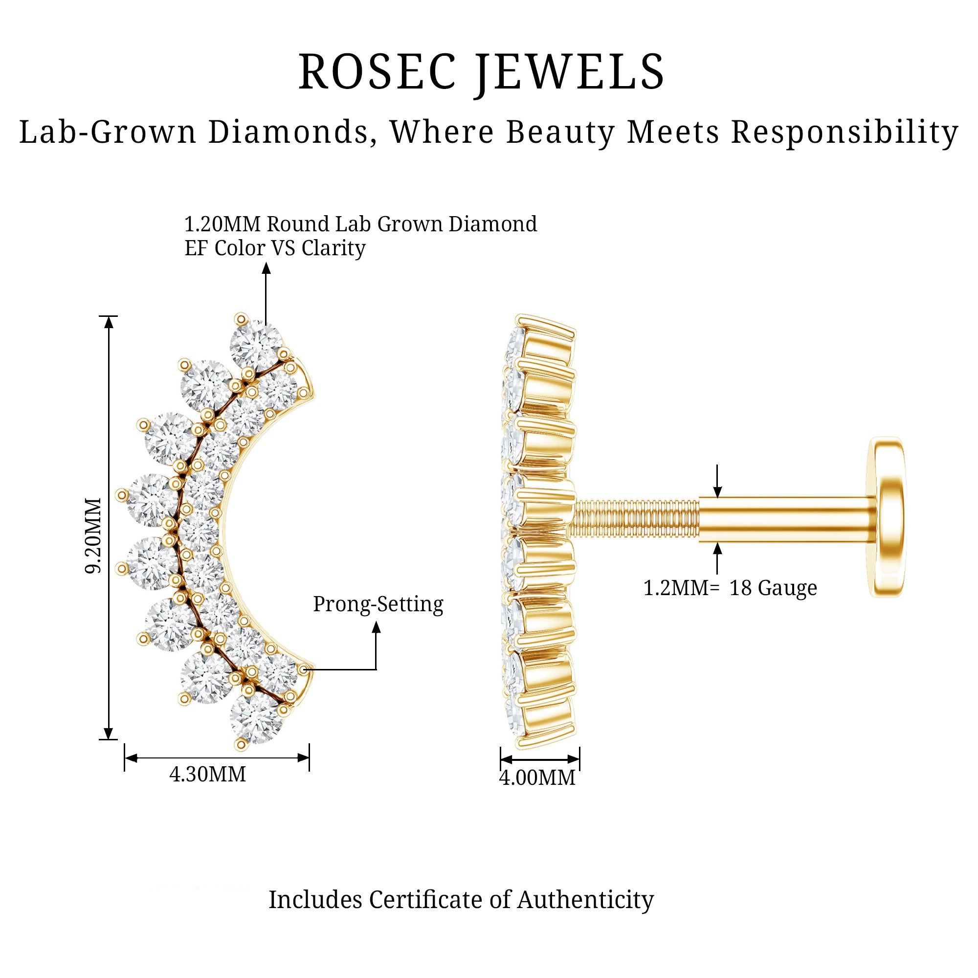 Certified Diamond Curved Cartilage Earring Lab - ( EF-VS ) - Rosec Jewels