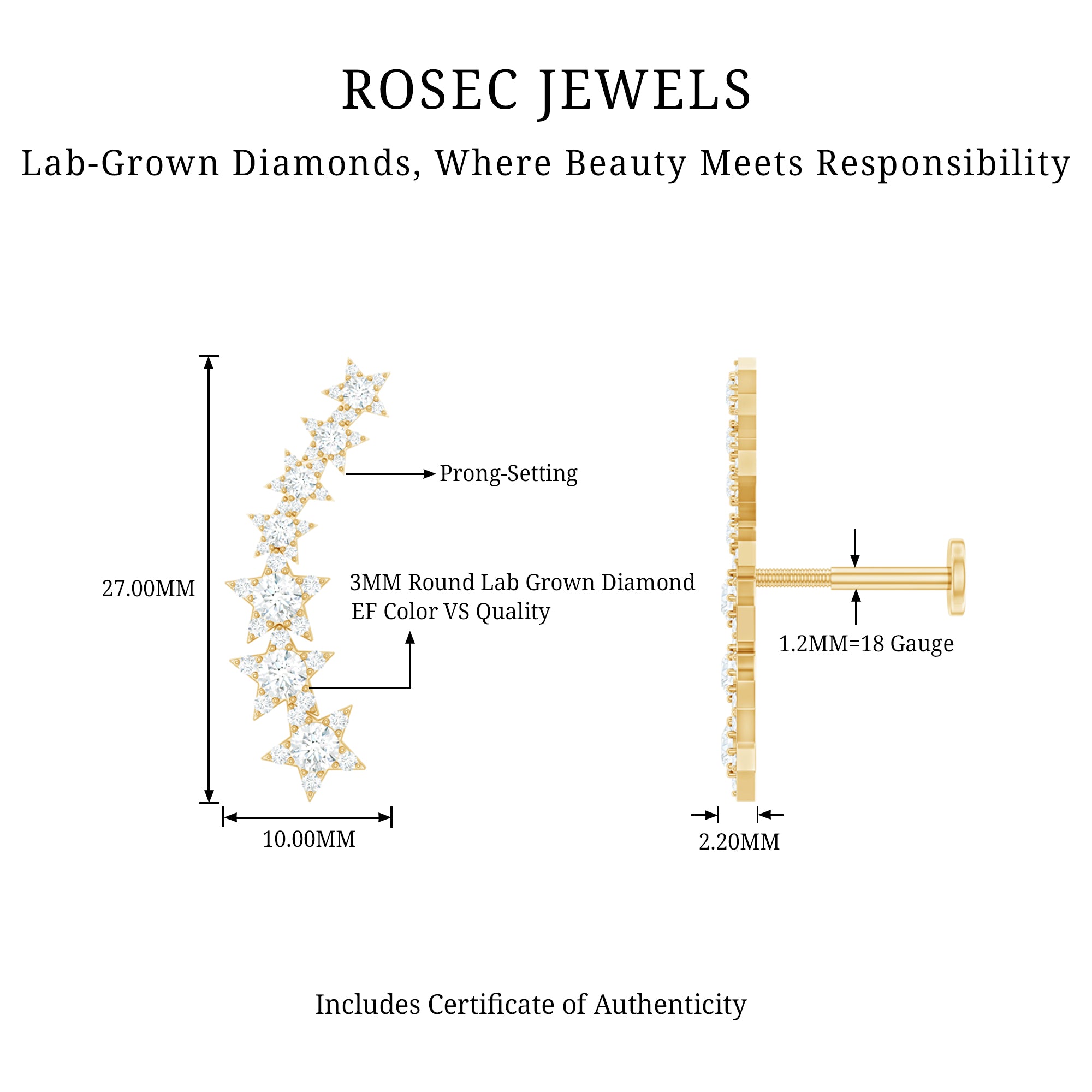 Graduated Diamond Star Crawler Earring for Helix Piercing Lab - ( EF-VS ) - Rosec Jewels