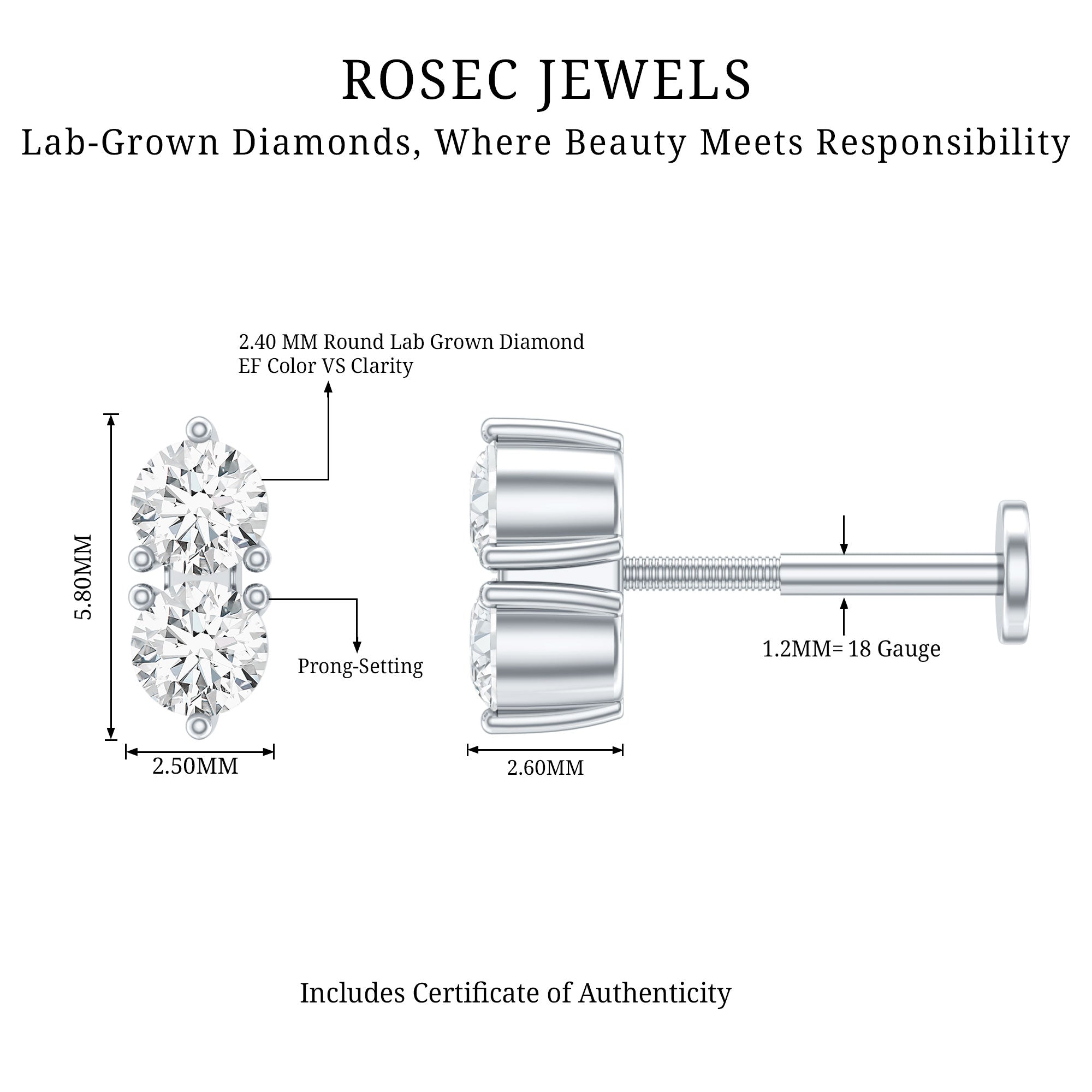 Natural Diamond 2 Stone Earring for Tragus Piercing Lab - ( EF-VS ) - Rosec Jewels