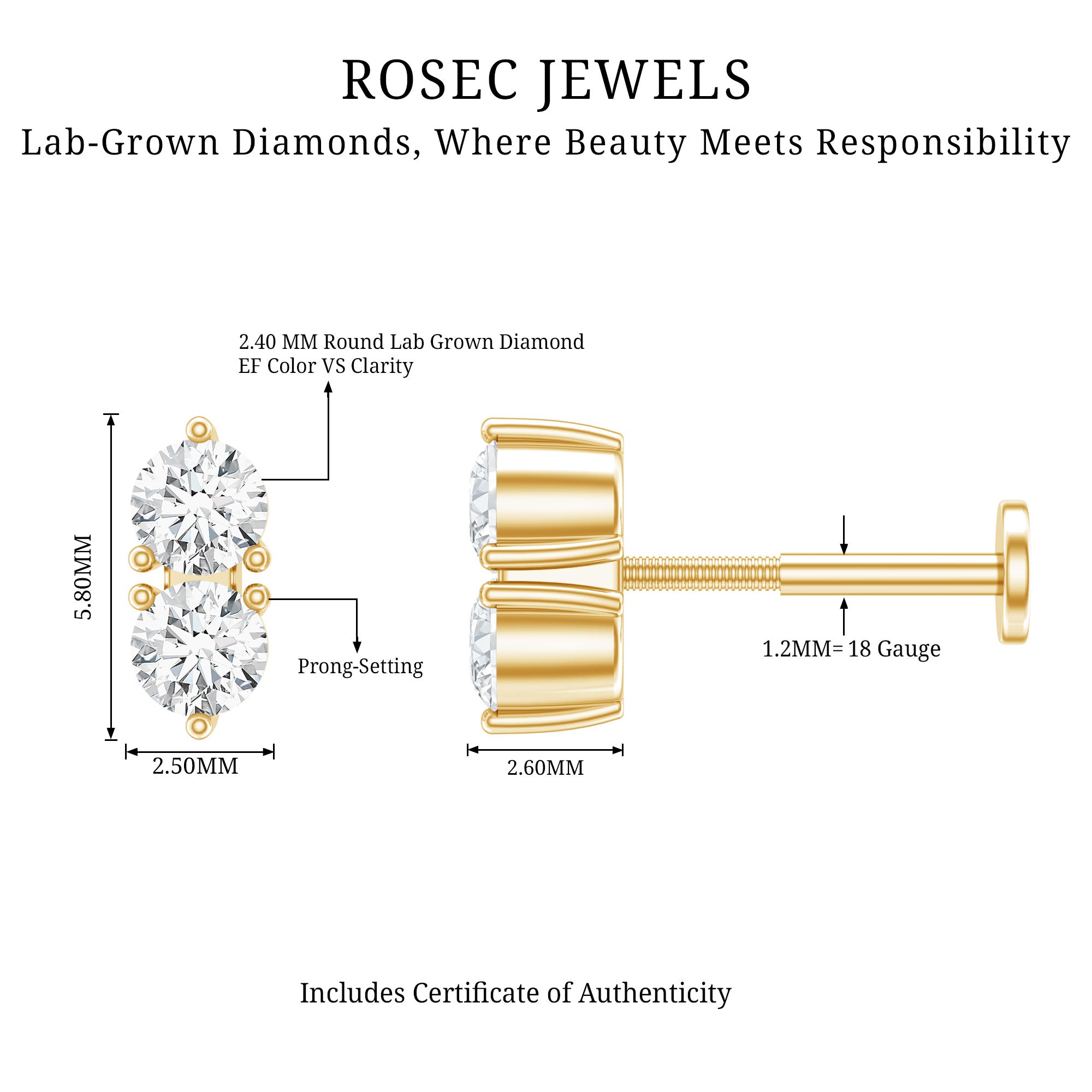 Natural Diamond 2 Stone Earring for Tragus Piercing Lab - ( EF-VS ) - Rosec Jewels