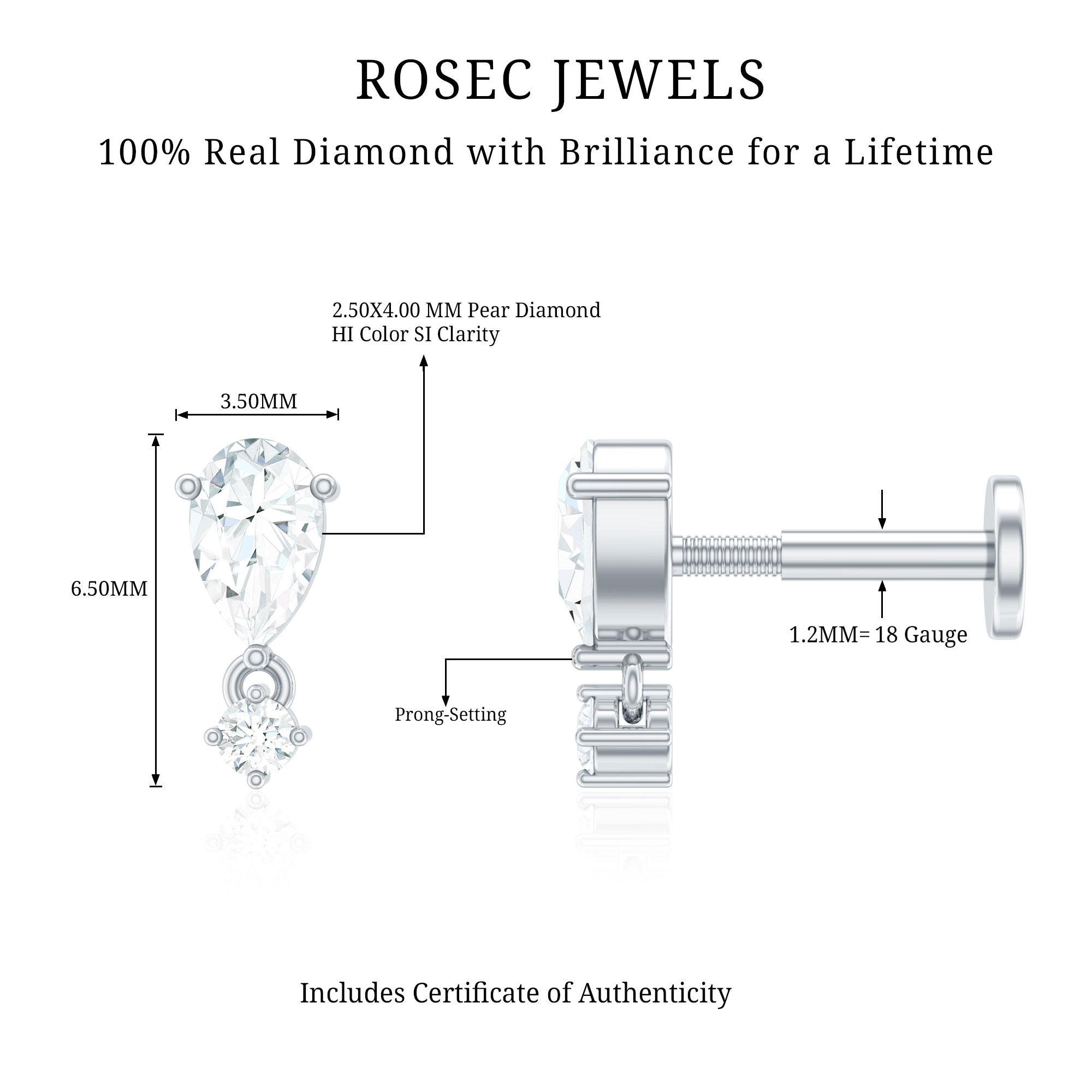 Pear Diamond Drop Earring for Helix Piercing Lab - ( EF-VS ) - Rosec Jewels