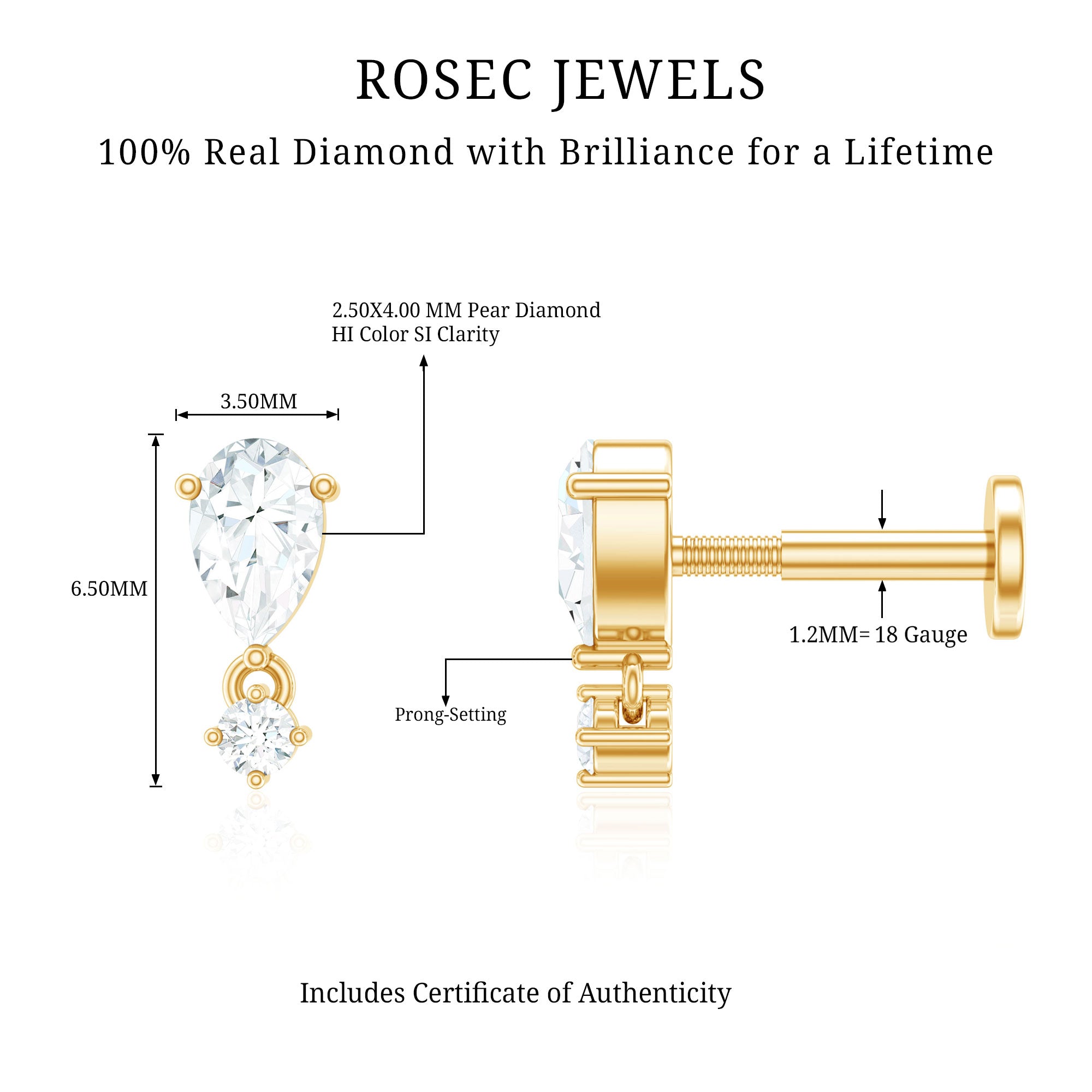 Pear Diamond Drop Earring for Helix Piercing Lab - ( EF-VS ) - Rosec Jewels