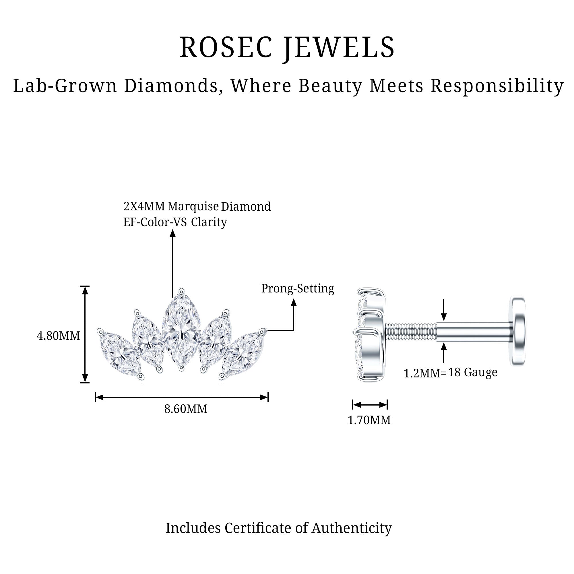 Certified Marquise Cut Diamond Helix Earring for Women Lab - ( EF-VS ) - Rosec Jewels
