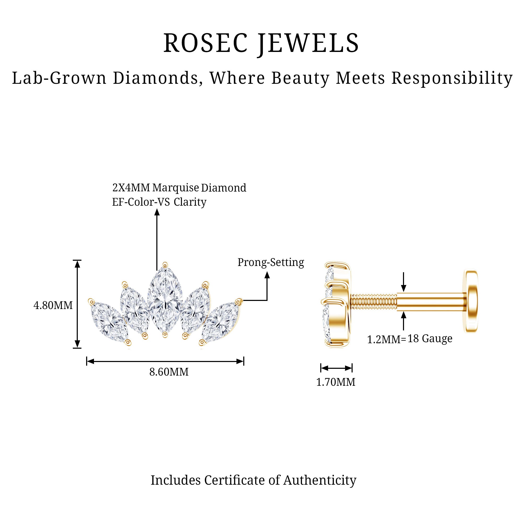 Certified Marquise Cut Diamond Helix Earring for Women Lab - ( EF-VS ) - Rosec Jewels