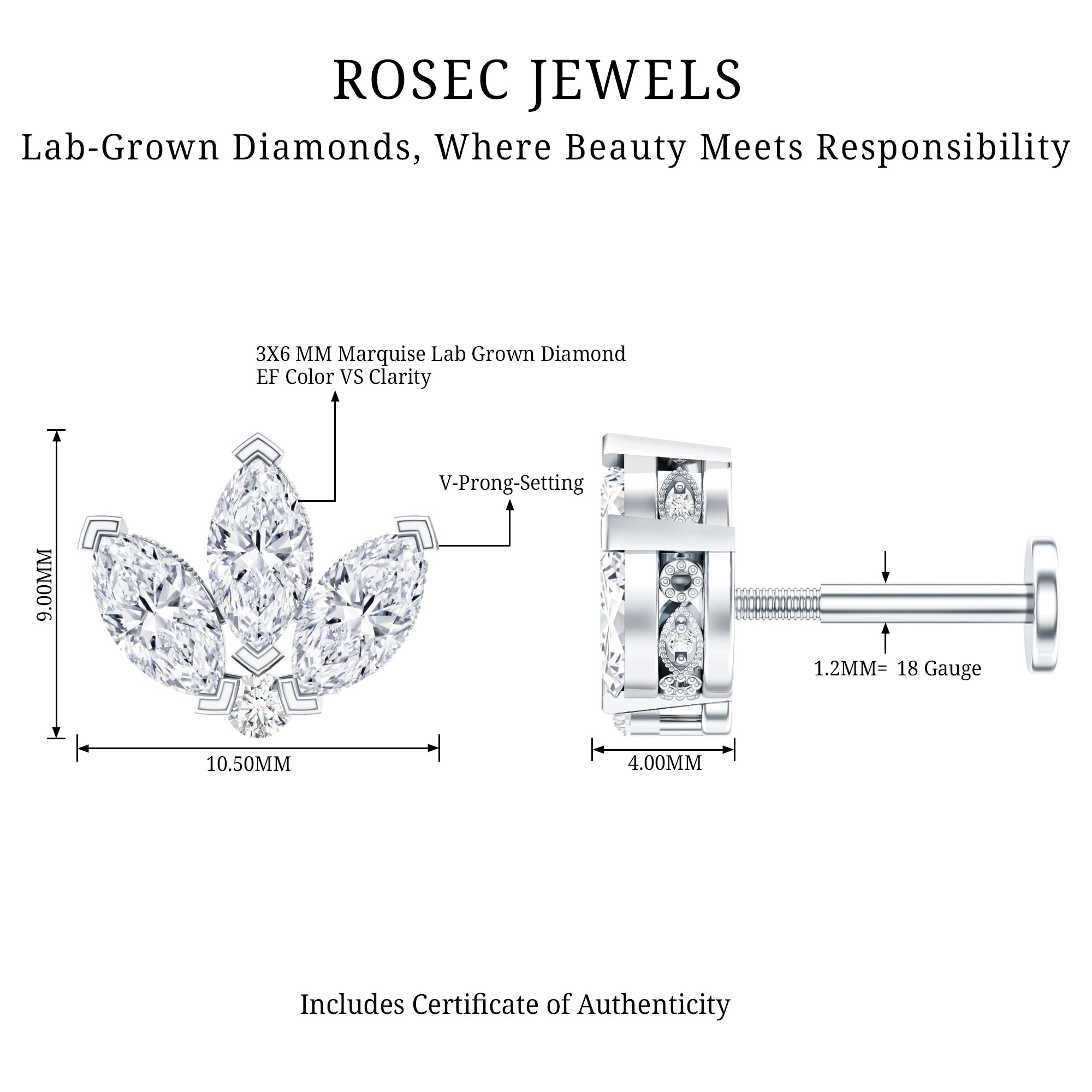 Marquise Diamond Lotus Flower Earring for Helix Piercing Lab - ( EF-VS ) - Rosec Jewels