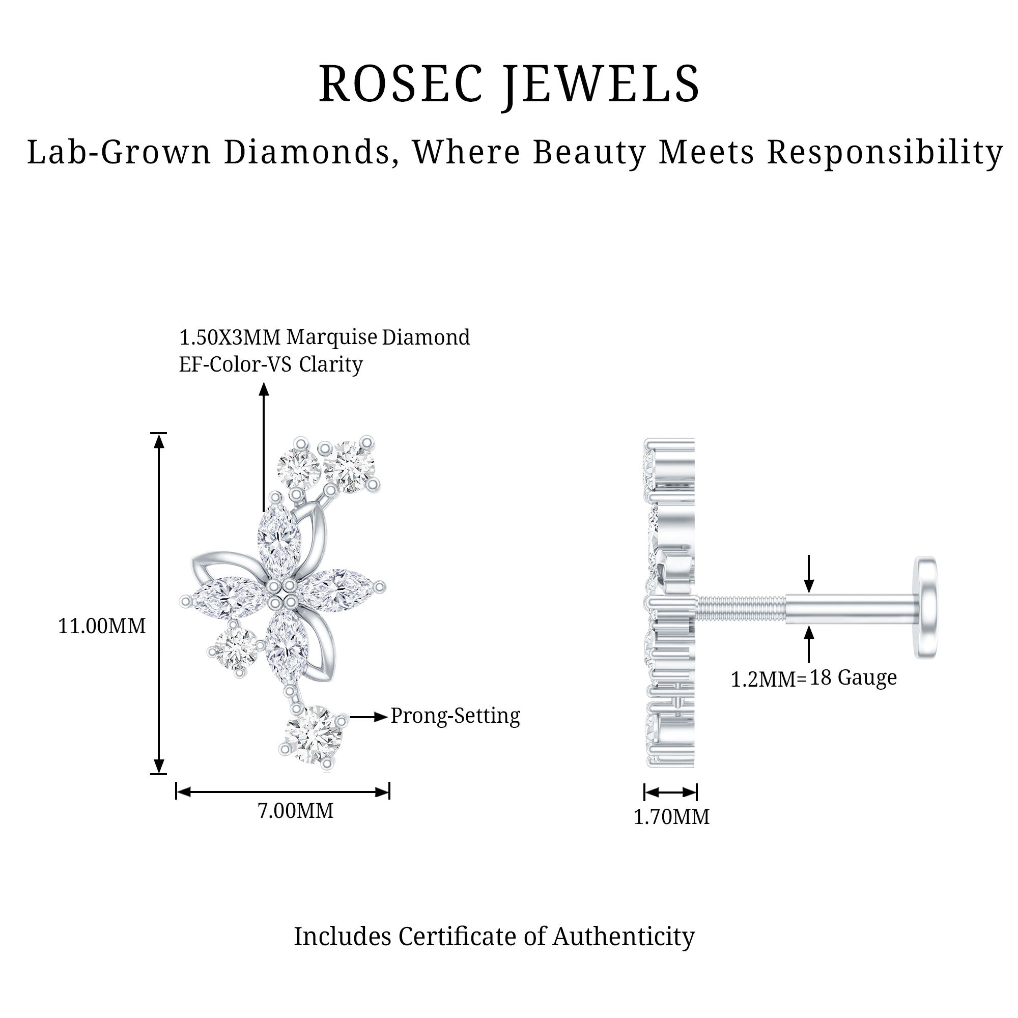 Diamond Flower Crawler Earring Lab - ( EF-VS ) - Rosec Jewels