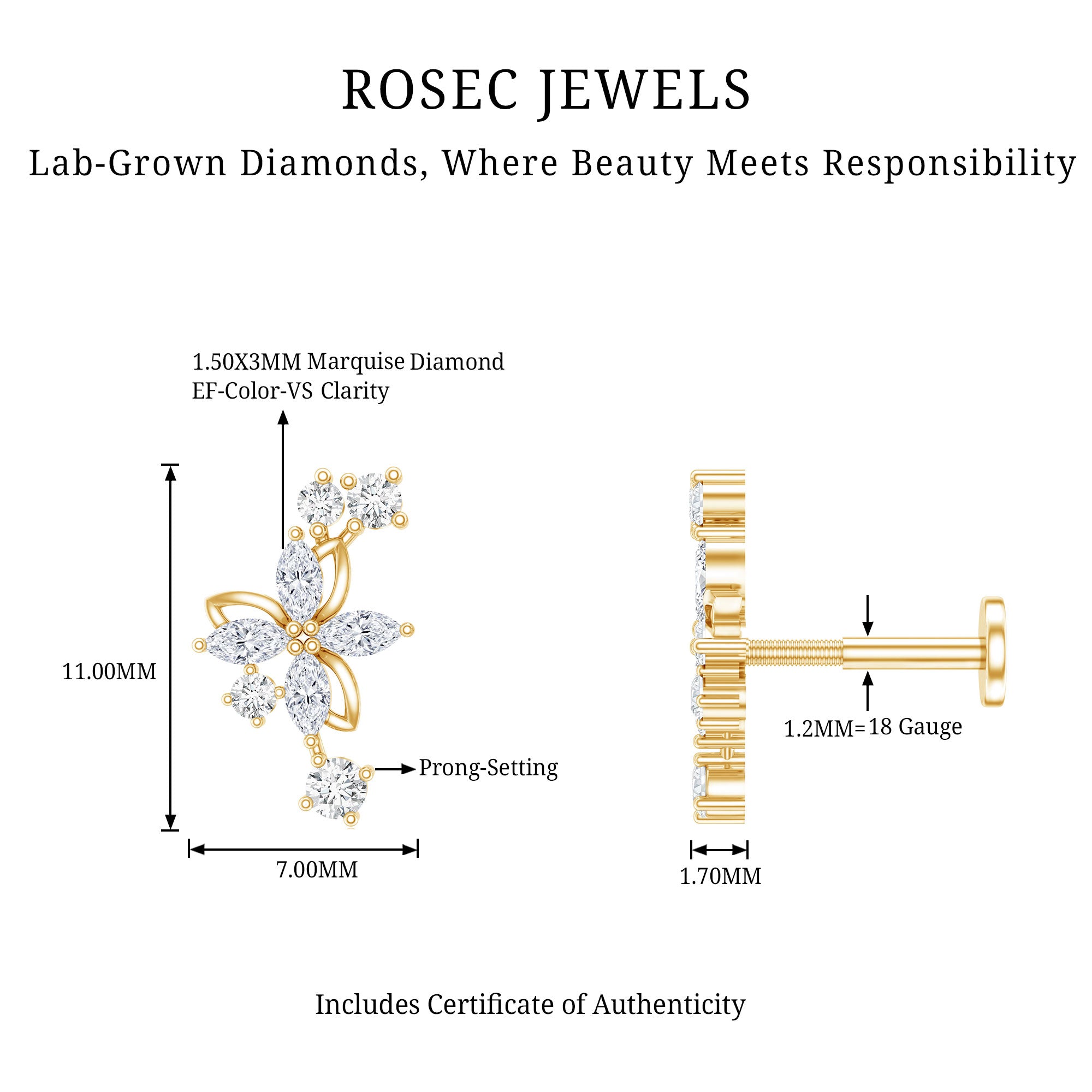 Diamond Flower Crawler Earring Lab - ( EF-VS ) - Rosec Jewels