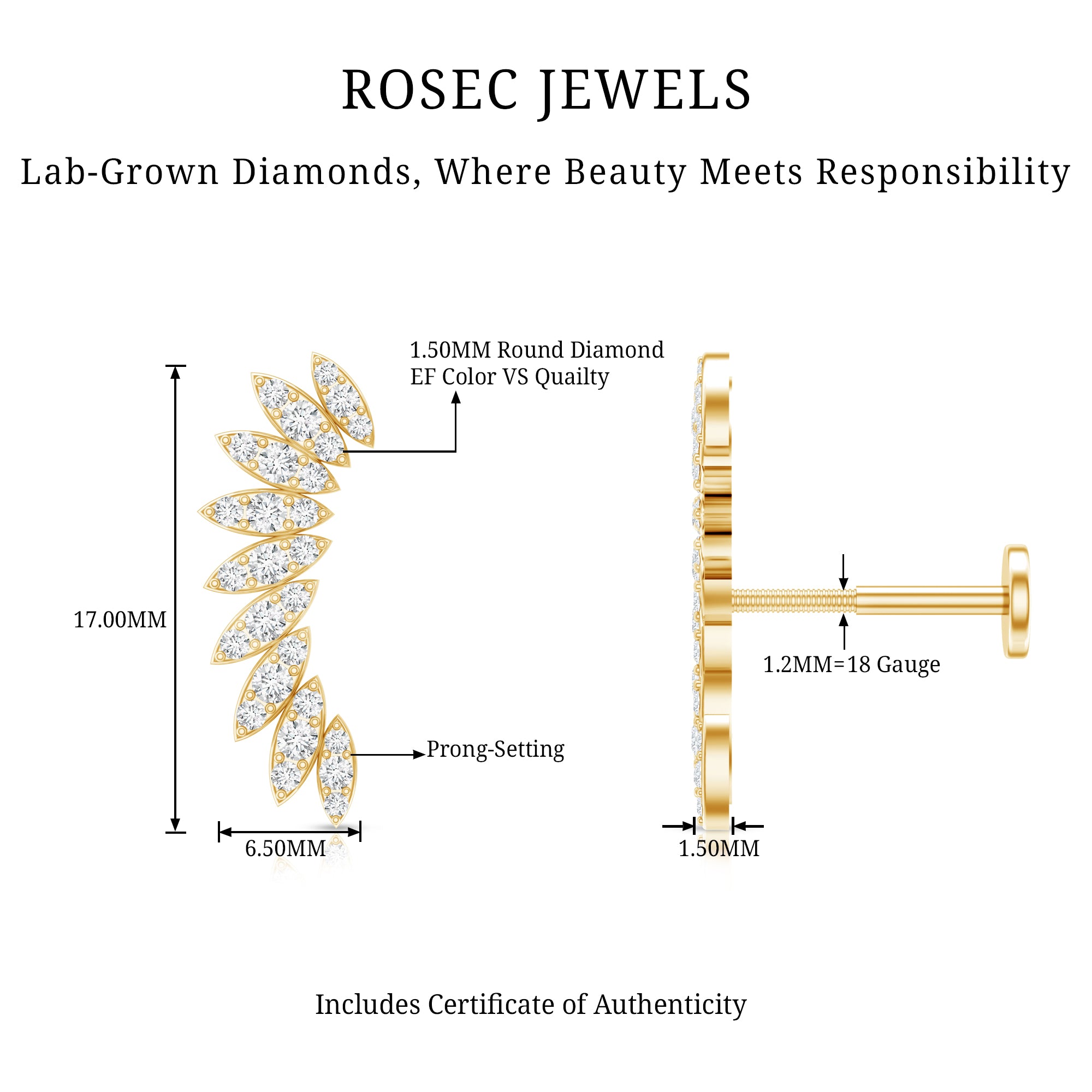 Diamond Wing Crawler Earring for Helix Piercing Lab - ( EF-VS ) - Rosec Jewels