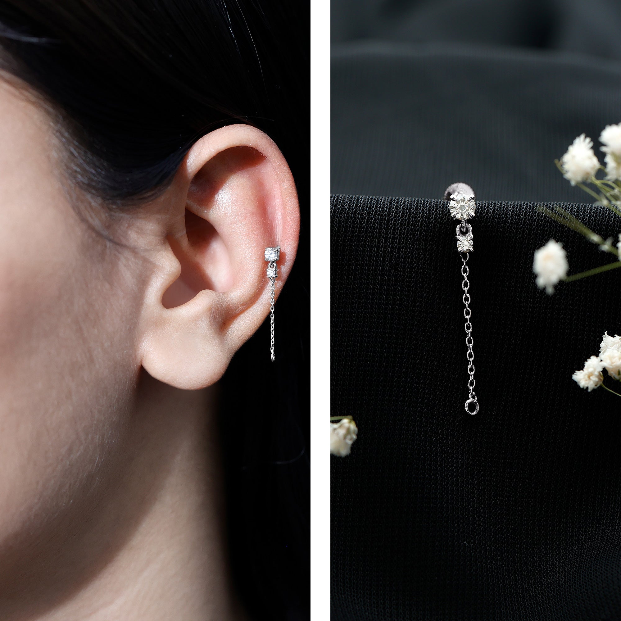 Certified Diamond Chain Drop Earring for Helix Piercing Lab - ( EF-VS ) - Rosec Jewels
