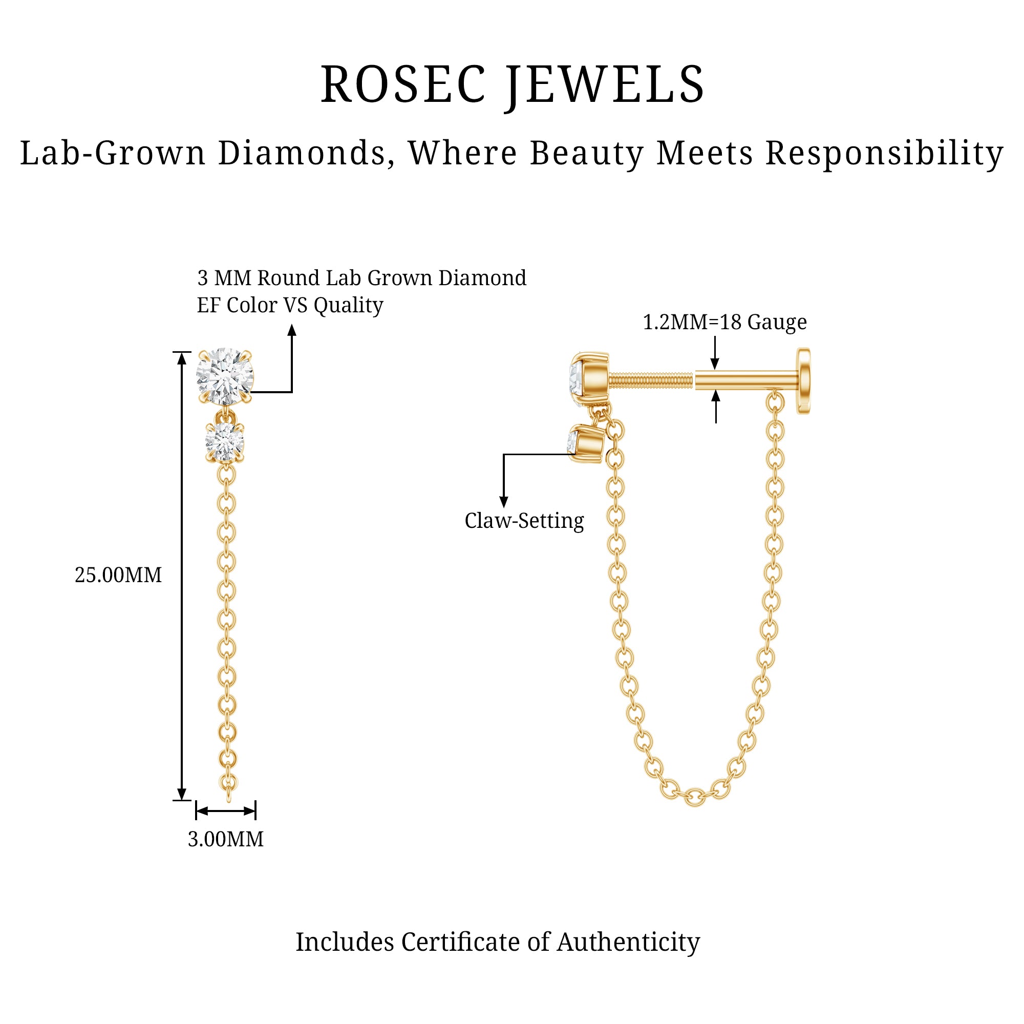 Certified Diamond Chain Drop Earring for Helix Piercing Lab - ( EF-VS ) - Rosec Jewels