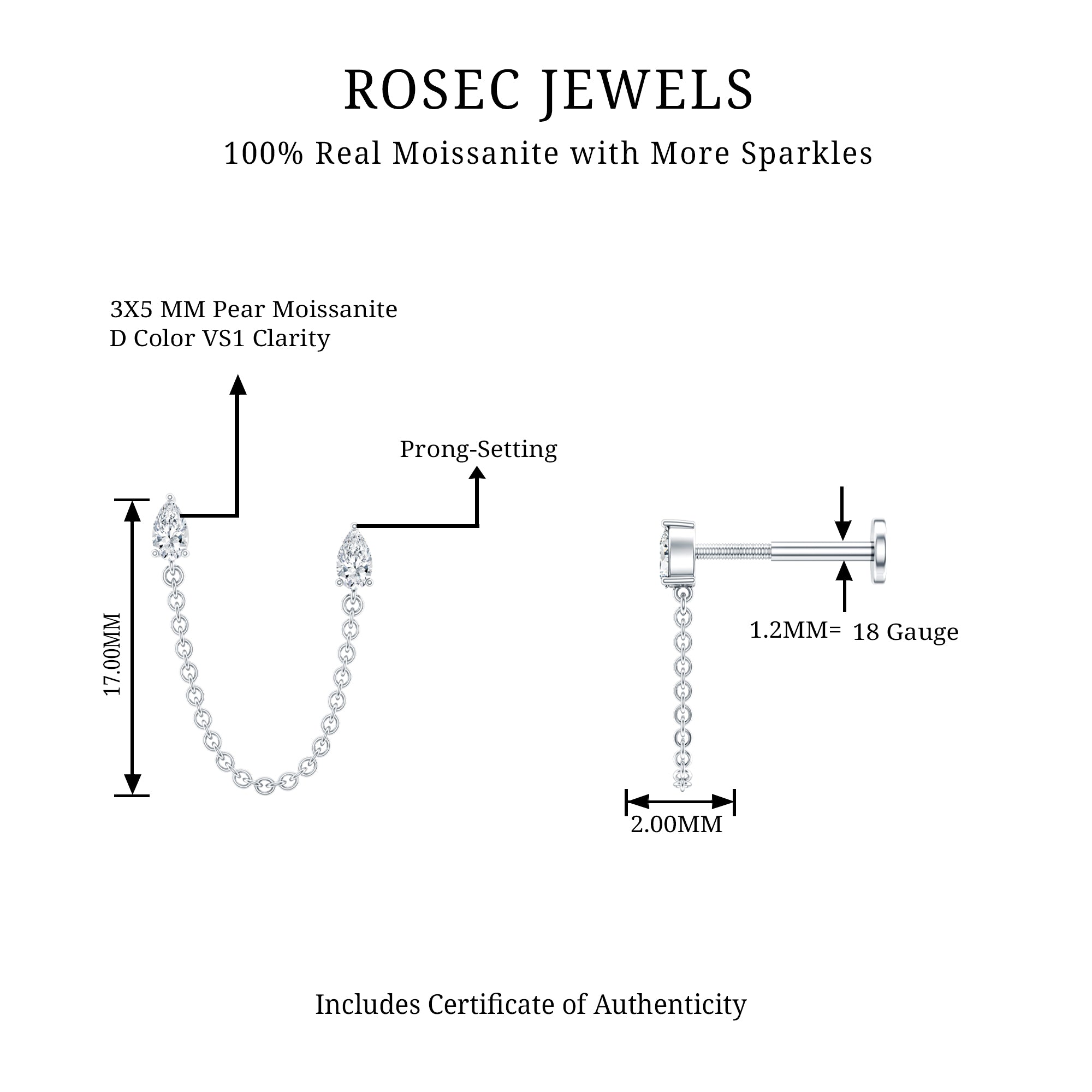 Pear Moissanite Double Piercing Earring with Dangling Chain D-VS1 - Rosec Jewels