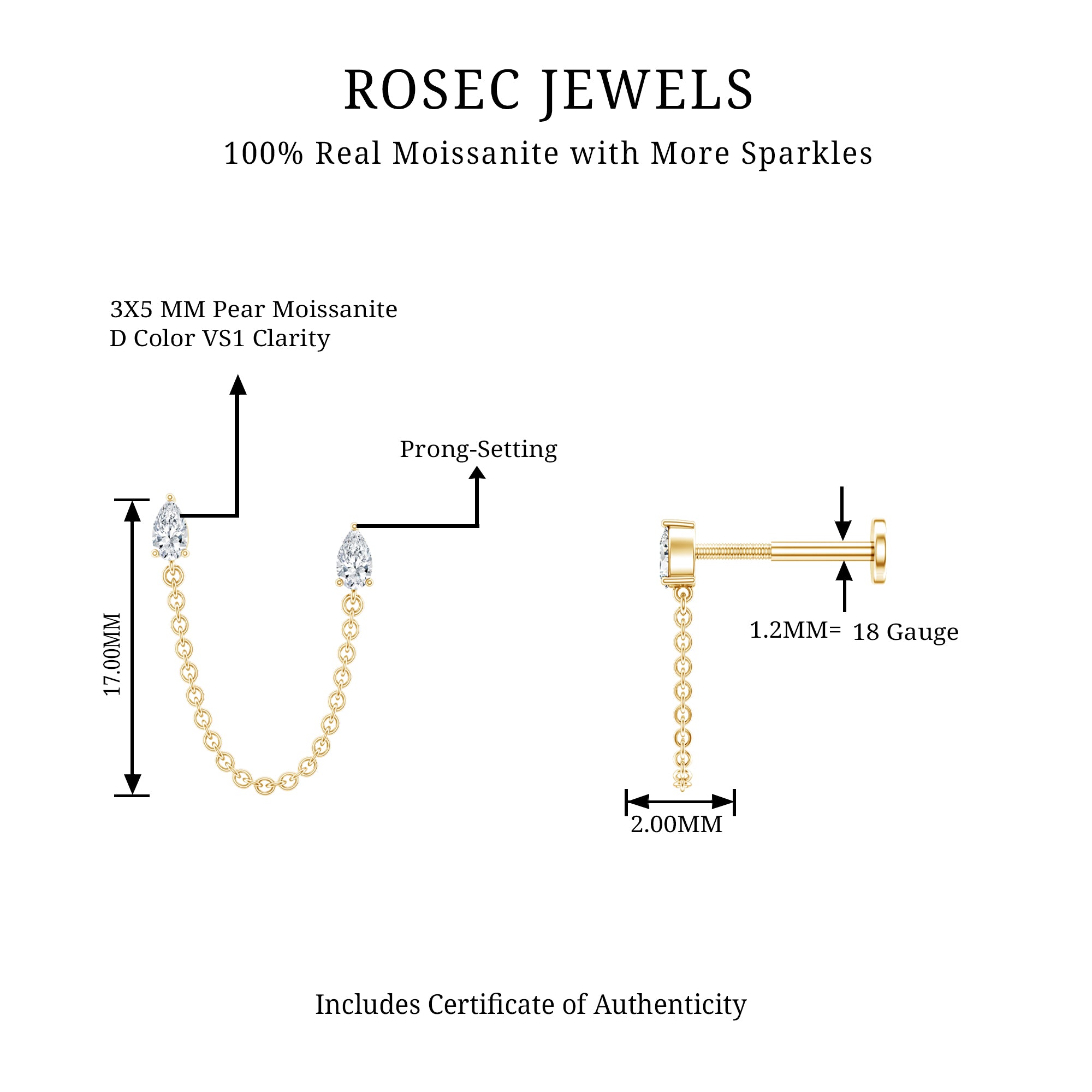 Pear Moissanite Double Piercing Earring with Dangling Chain D-VS1 - Rosec Jewels