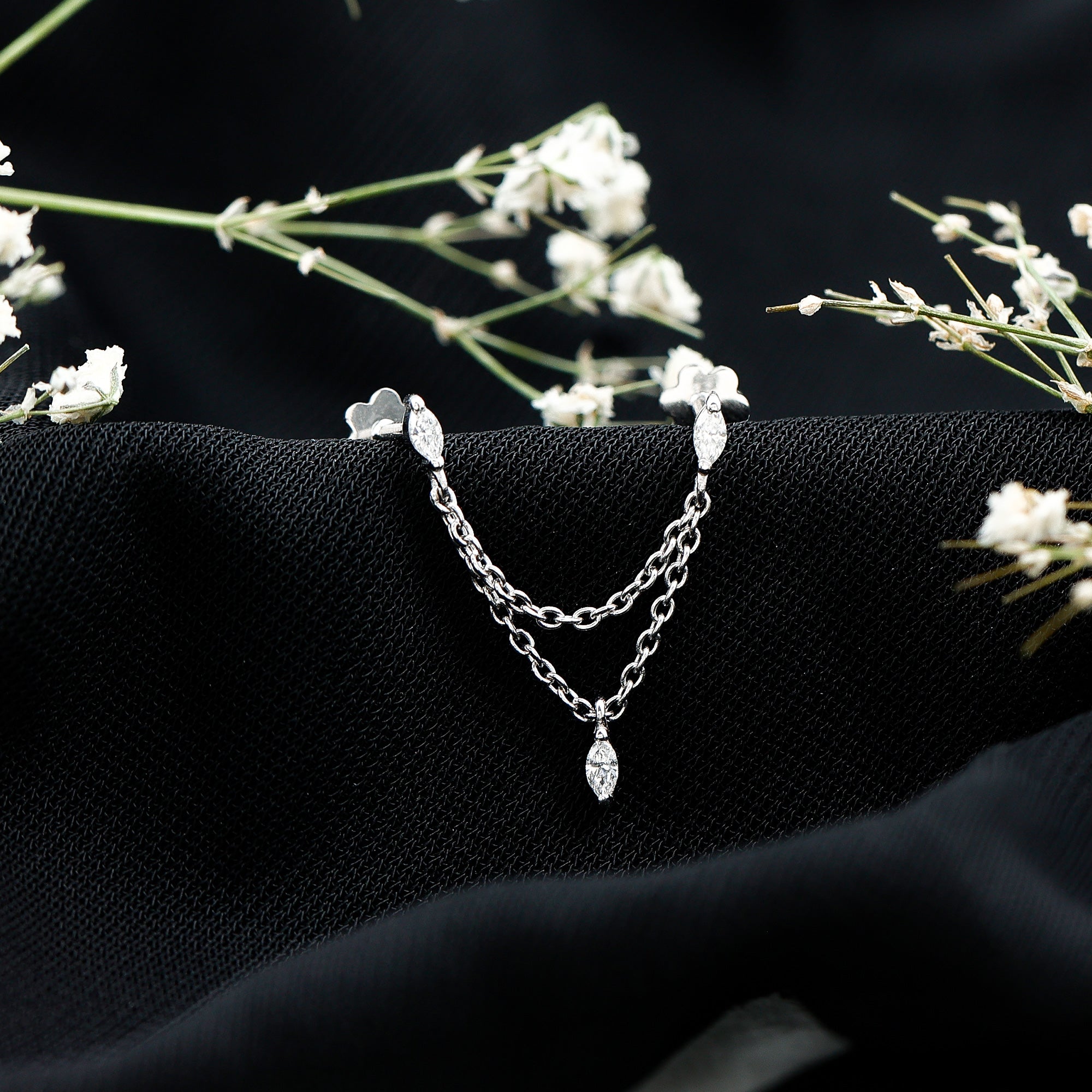 Marquise Moissanite Double Chain Earring for Women D-VS1 - Rosec Jewels