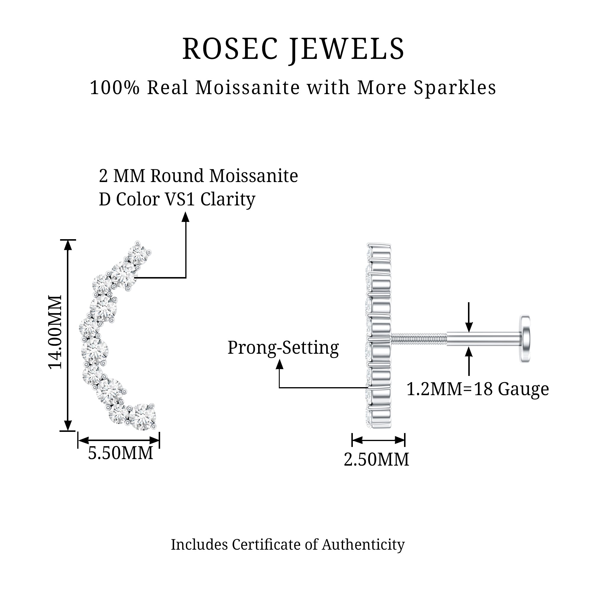 Round Cut Moissanite Ear Crawler Earring for Helix Piercing D-VS1 - Rosec Jewels