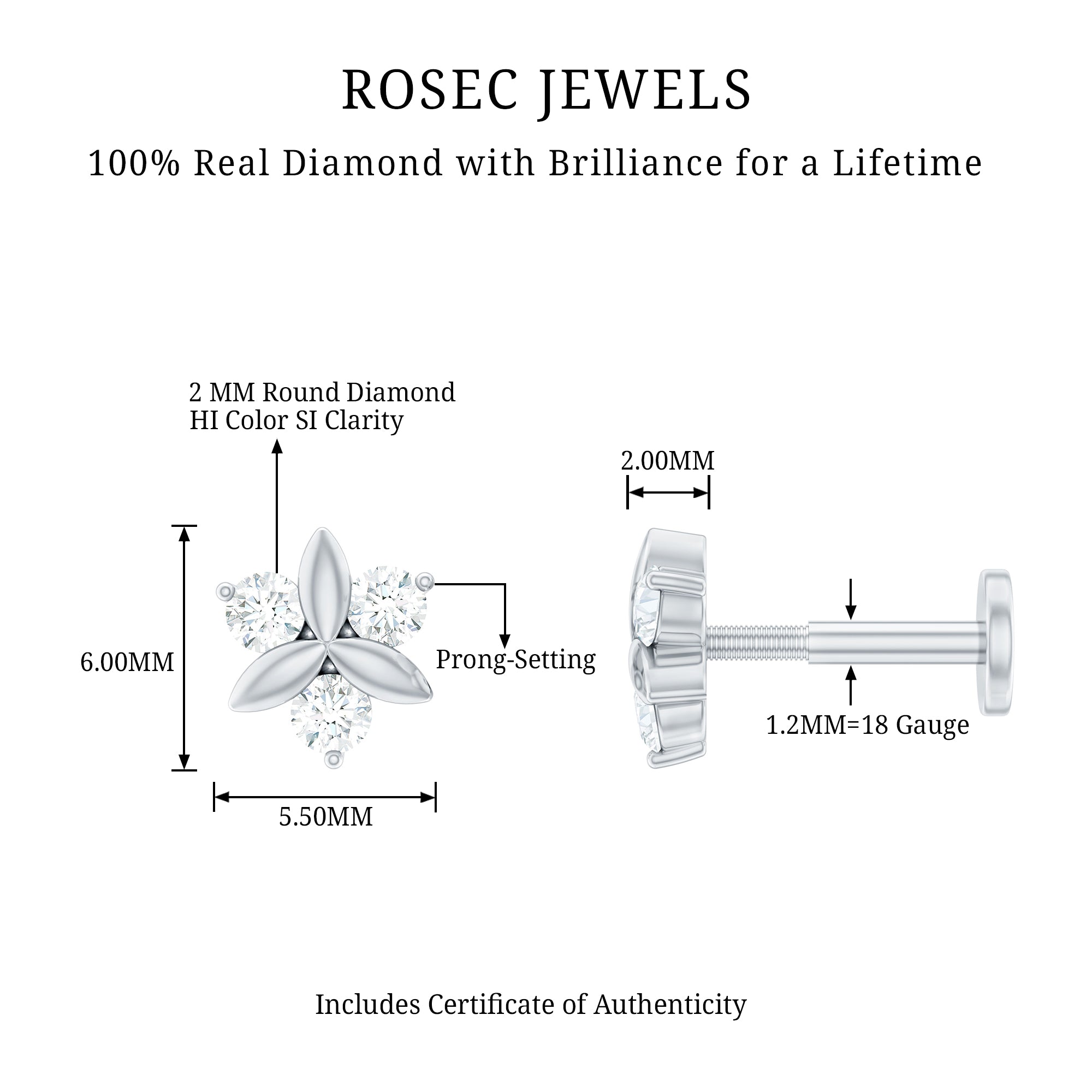Brilliant Cut Diamond Floral Earring for Conch Piercing Natural - ( HI-SI ) - Rosec Jewels