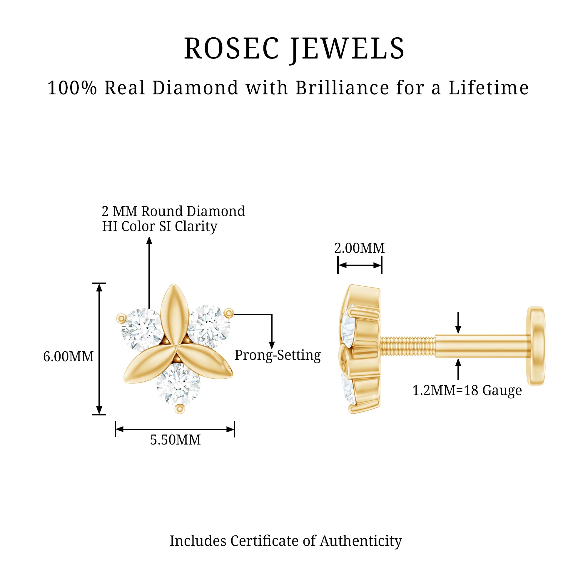 Brilliant Cut Diamond Floral Earring for Conch Piercing Natural - ( HI-SI ) - Rosec Jewels