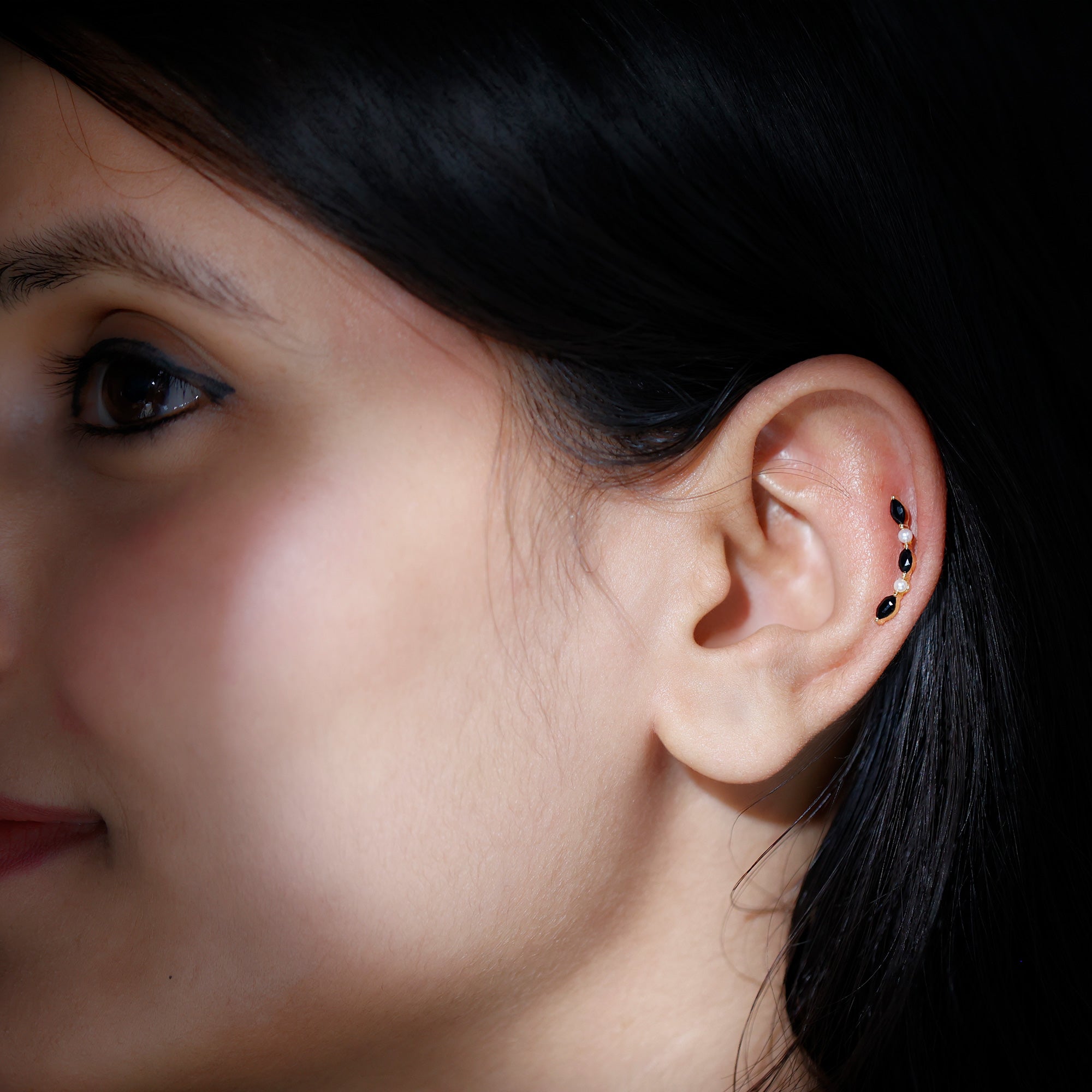 Black Onyx and Pearl Ear Crawler Earring for Helix Piercing AAA - Rosec Jewels