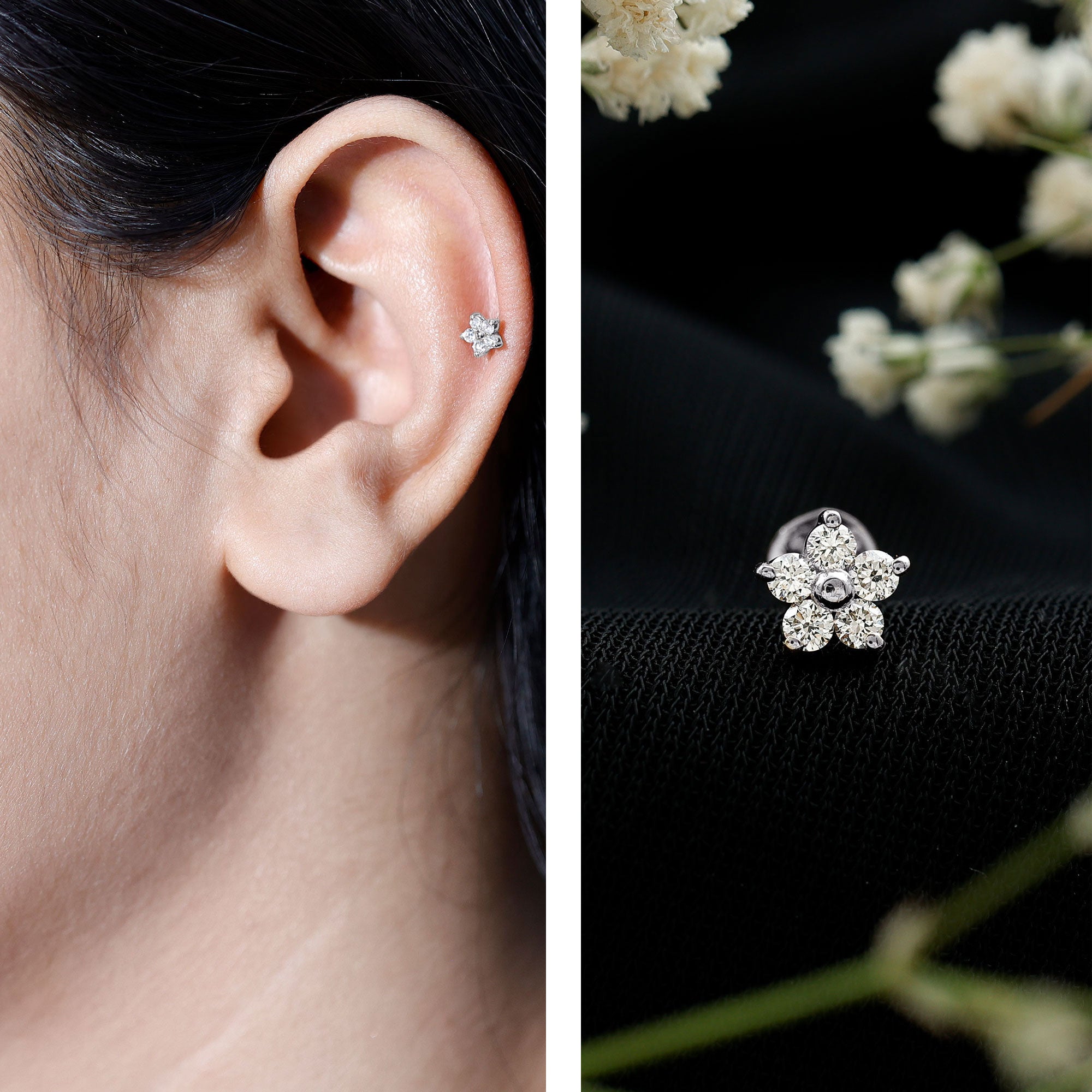 Minimalist Diamond Flower Tragus Earring with Flat Back Natural - ( HI-SI ) - Rosec Jewels