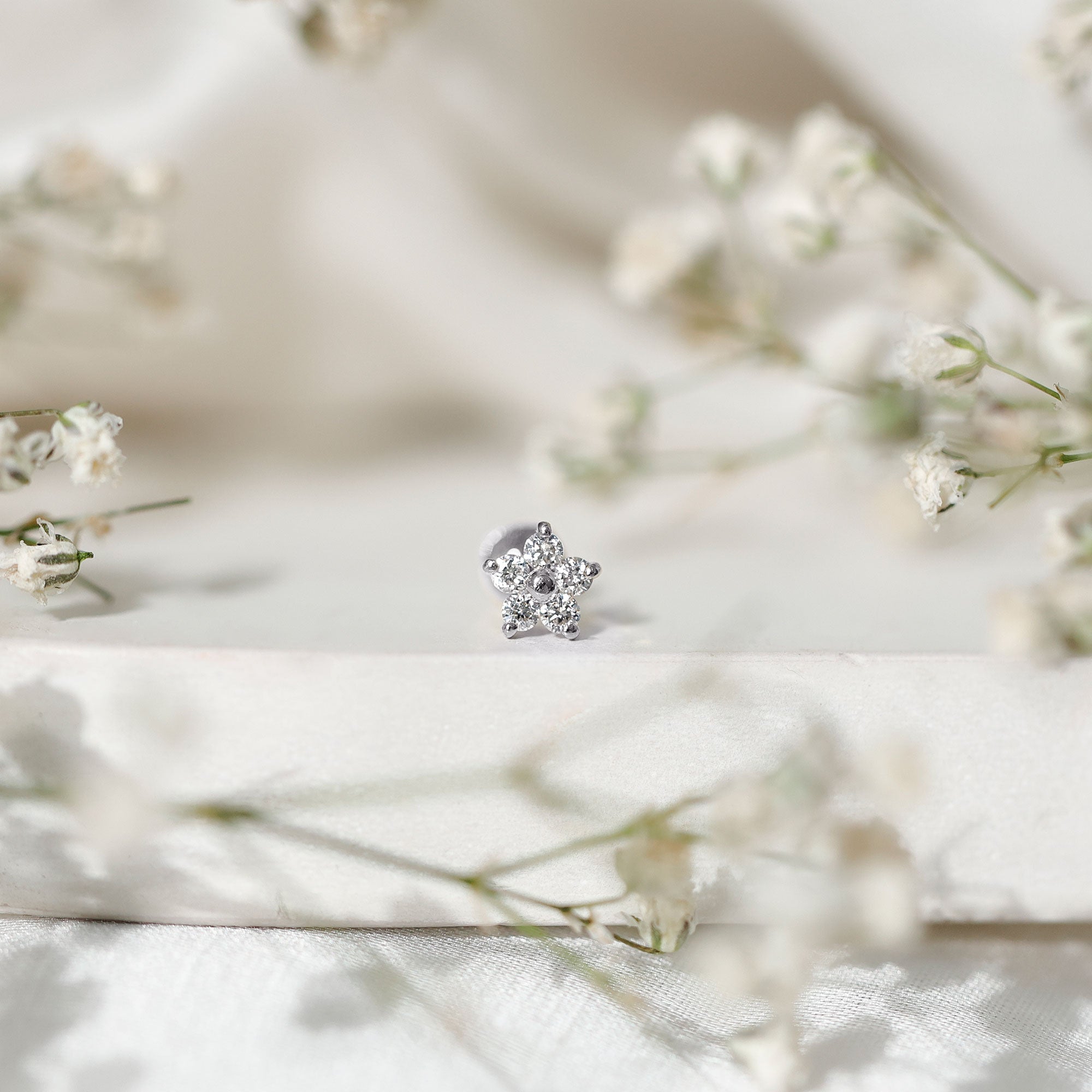 Minimalist Diamond Flower Tragus Earring with Flat Back Natural - ( HI-SI ) - Rosec Jewels