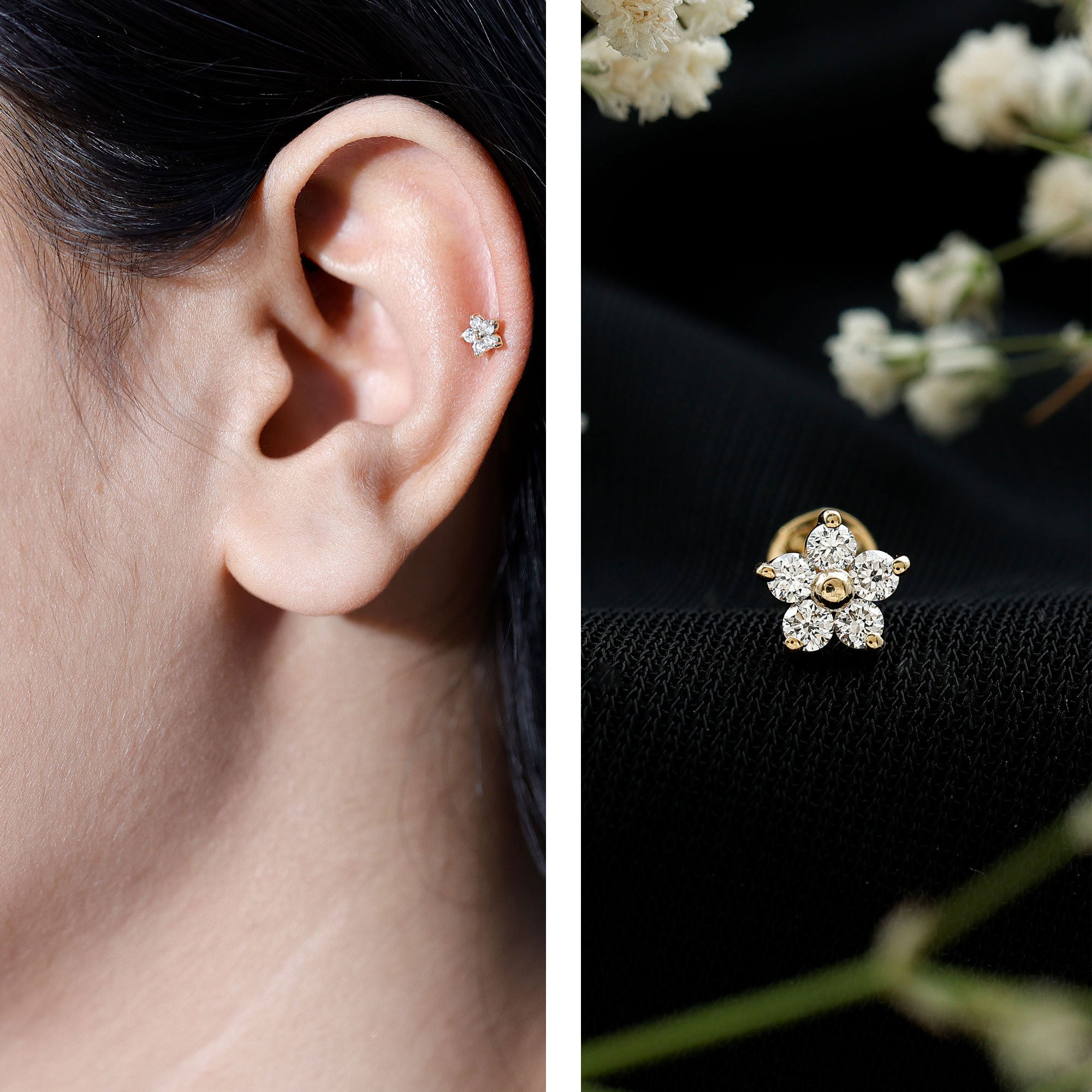 Minimalist Diamond Flower Tragus Earring with Flat Back Natural - ( HI-SI ) - Rosec Jewels