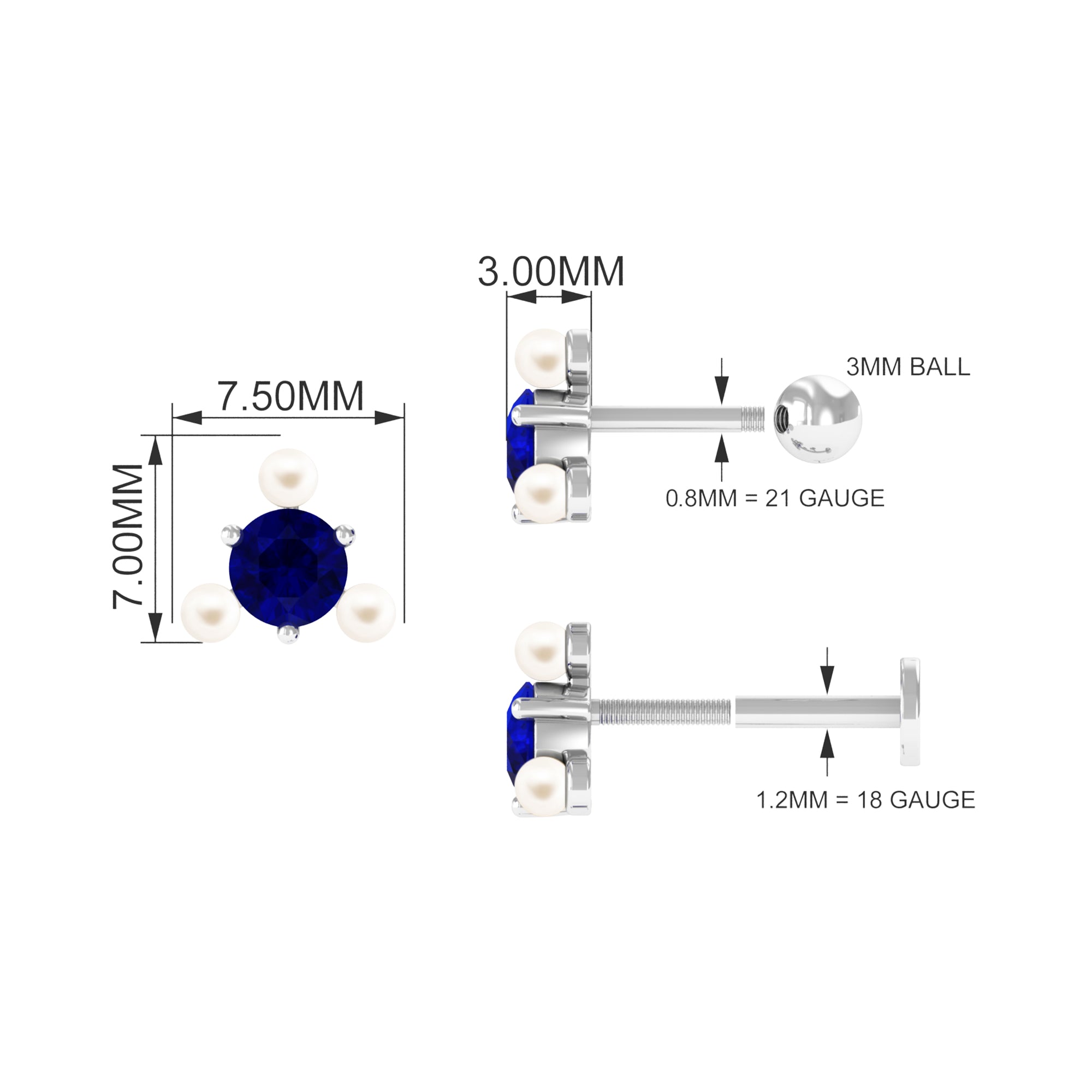 Blue Sapphire and Freshwater Pearl Cartilage Earring AAA - Rosec Jewels