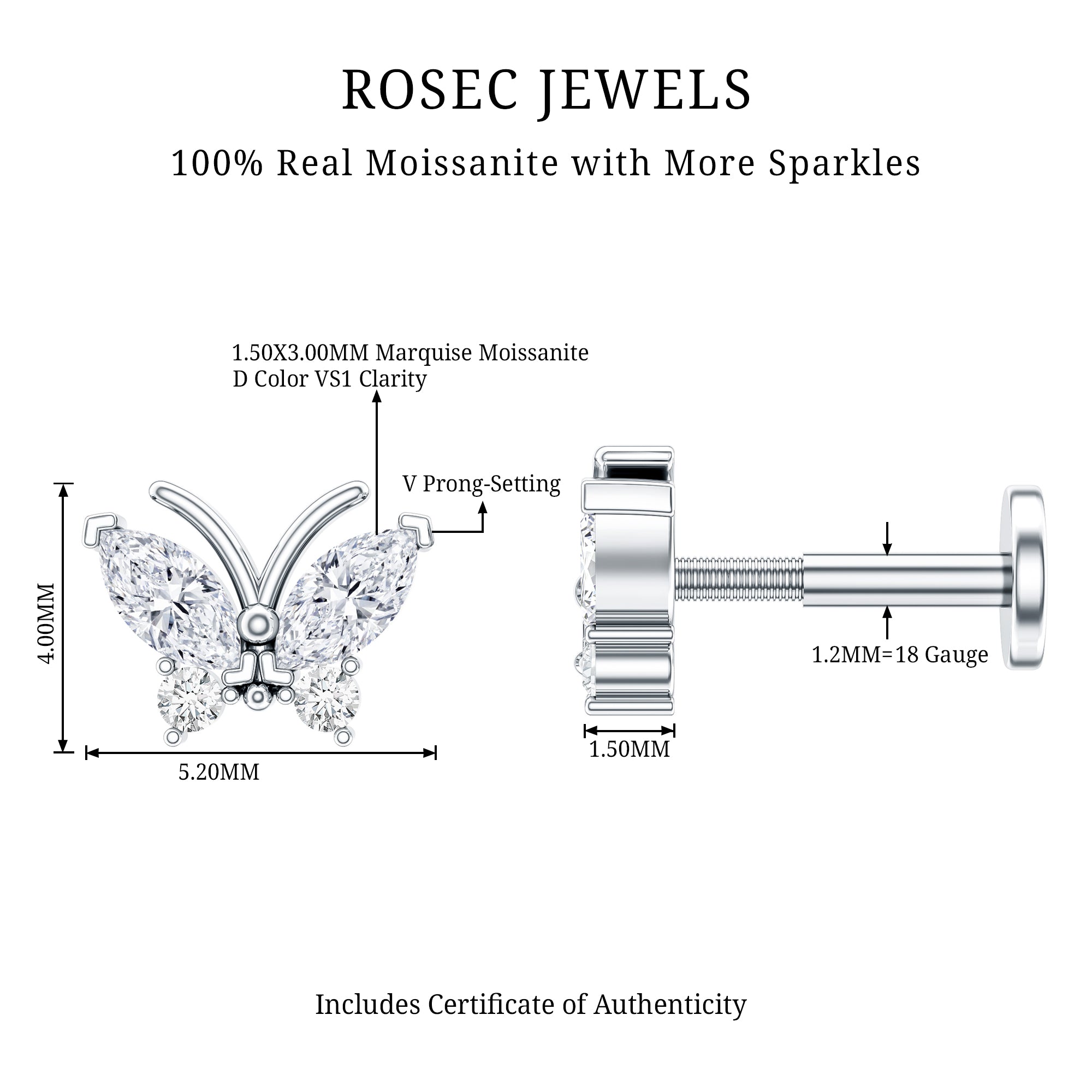 Marquise Moissanite Butterfly Cartilage Earring D-VS1 - Rosec Jewels