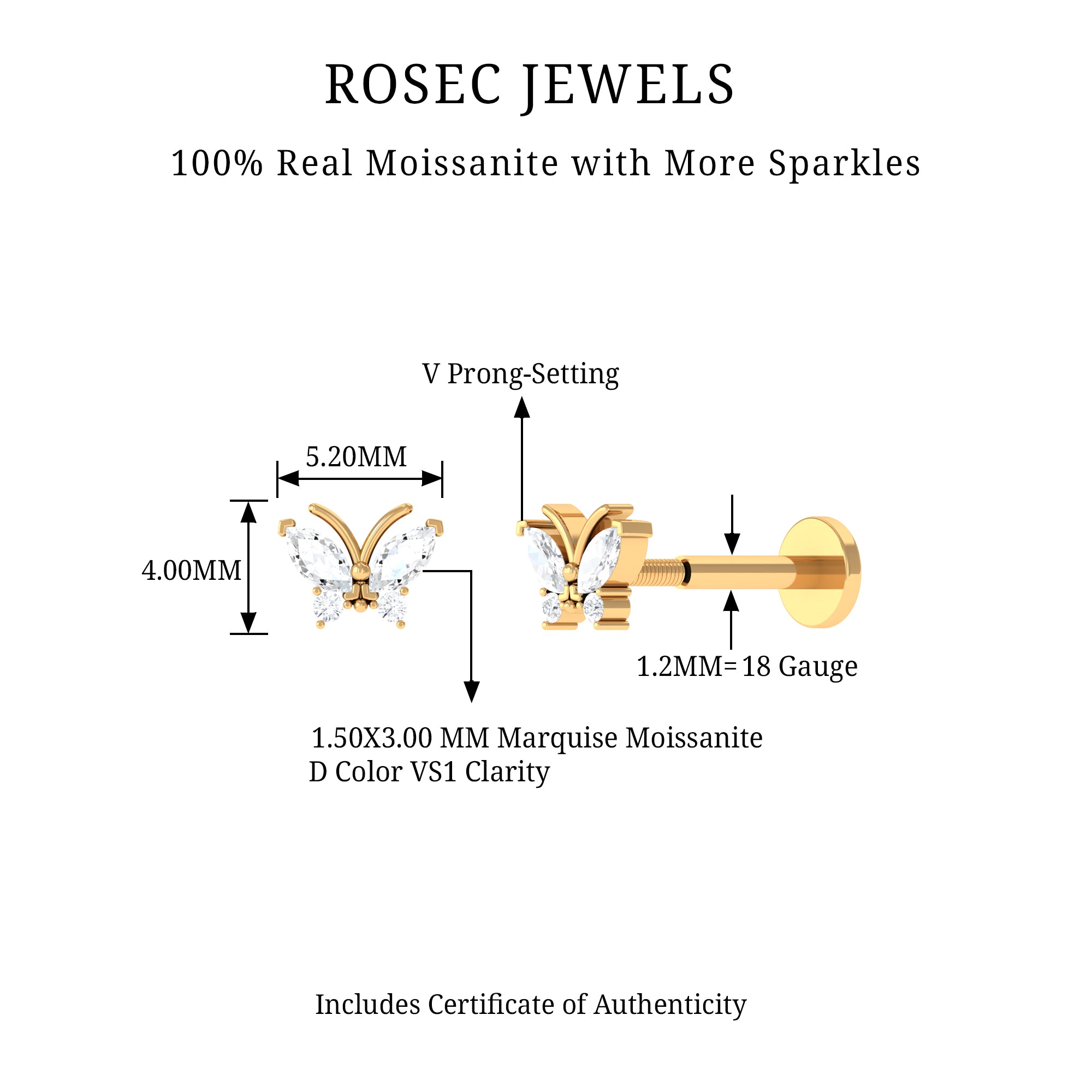 Marquise Moissanite Butterfly Cartilage Earring D-VS1 - Rosec Jewels