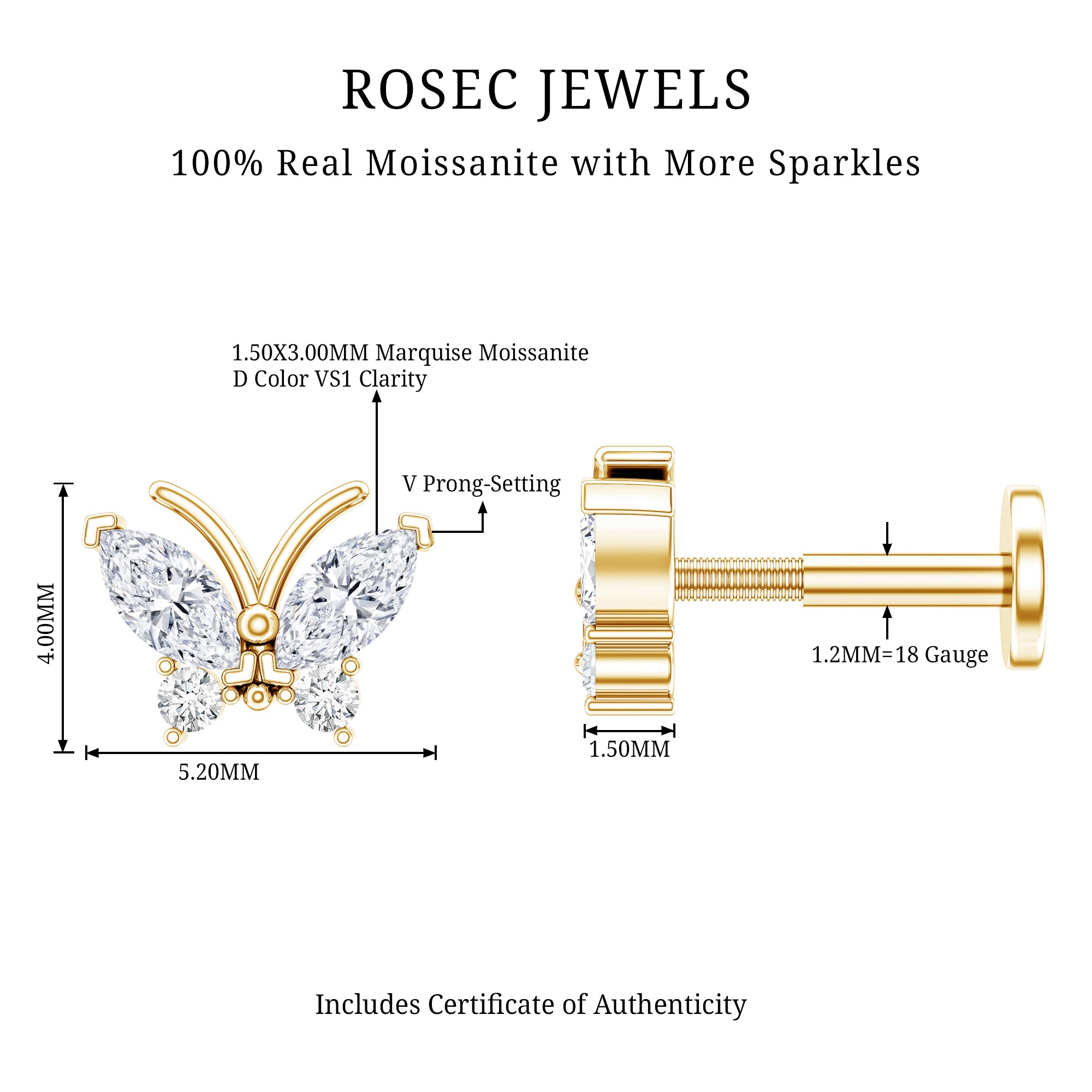 Marquise Moissanite Butterfly Cartilage Earring D-VS1 - Rosec Jewels