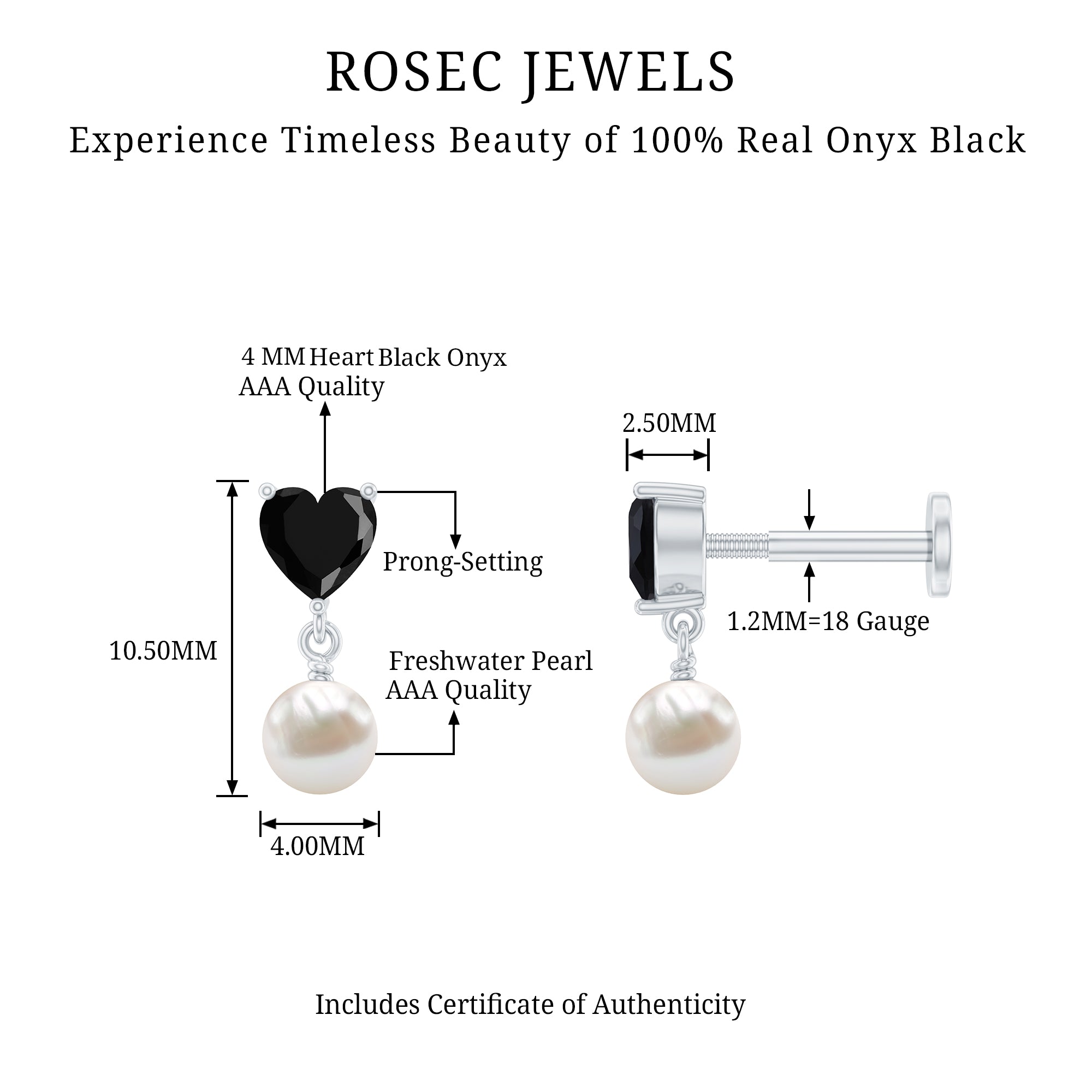 Real Black Onyx and Freshwater Pearl Helix Drop Earring AAA - Rosec Jewels