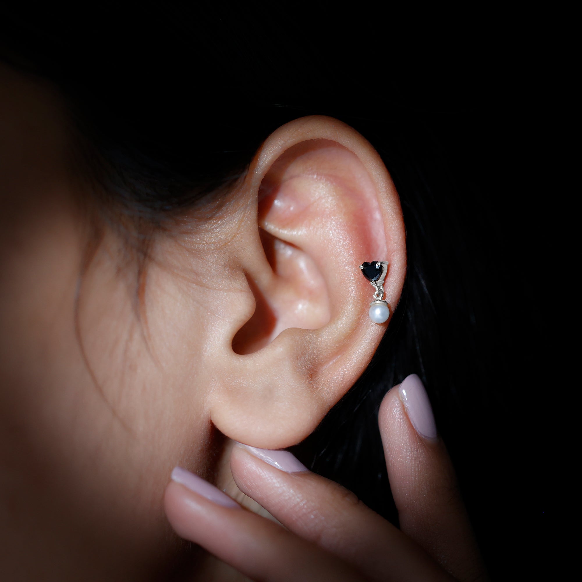 Real Black Onyx and Freshwater Pearl Helix Drop Earring AAA - Rosec Jewels