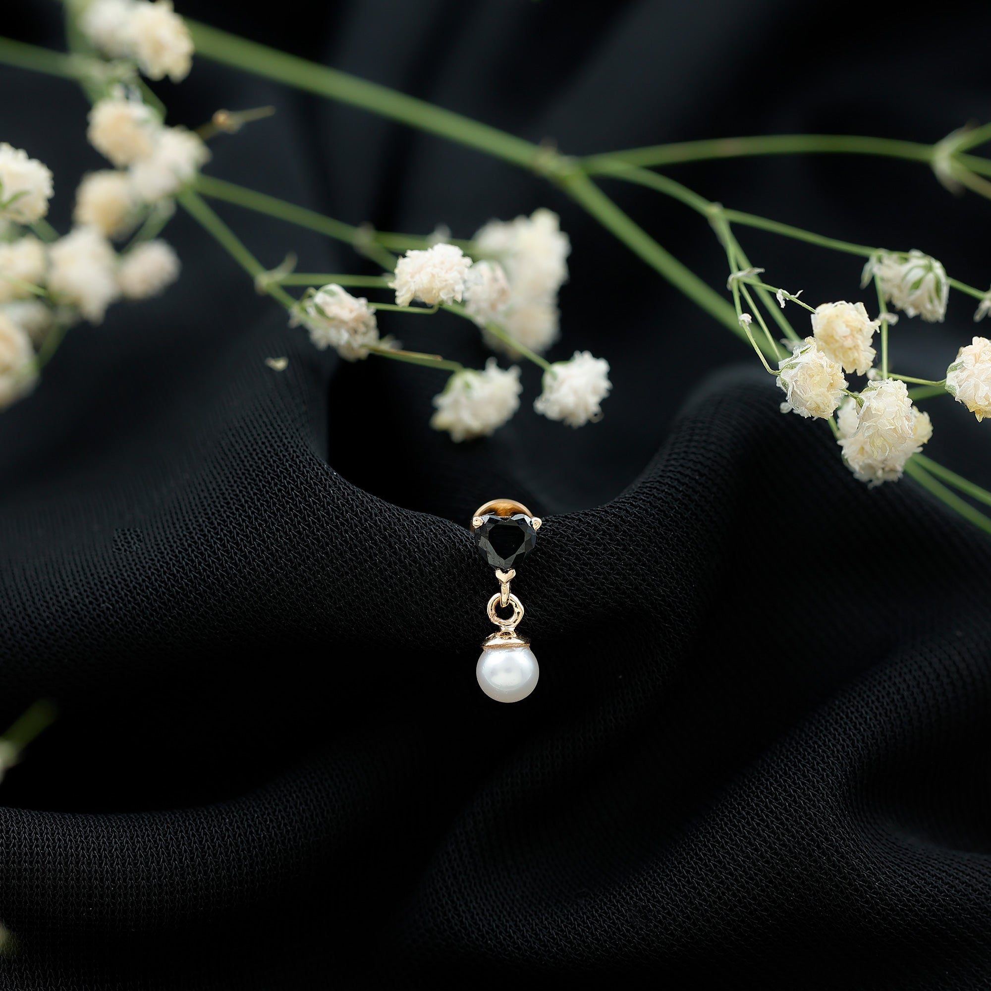Real Black Onyx and Freshwater Pearl Helix Drop Earring AAA - Rosec Jewels
