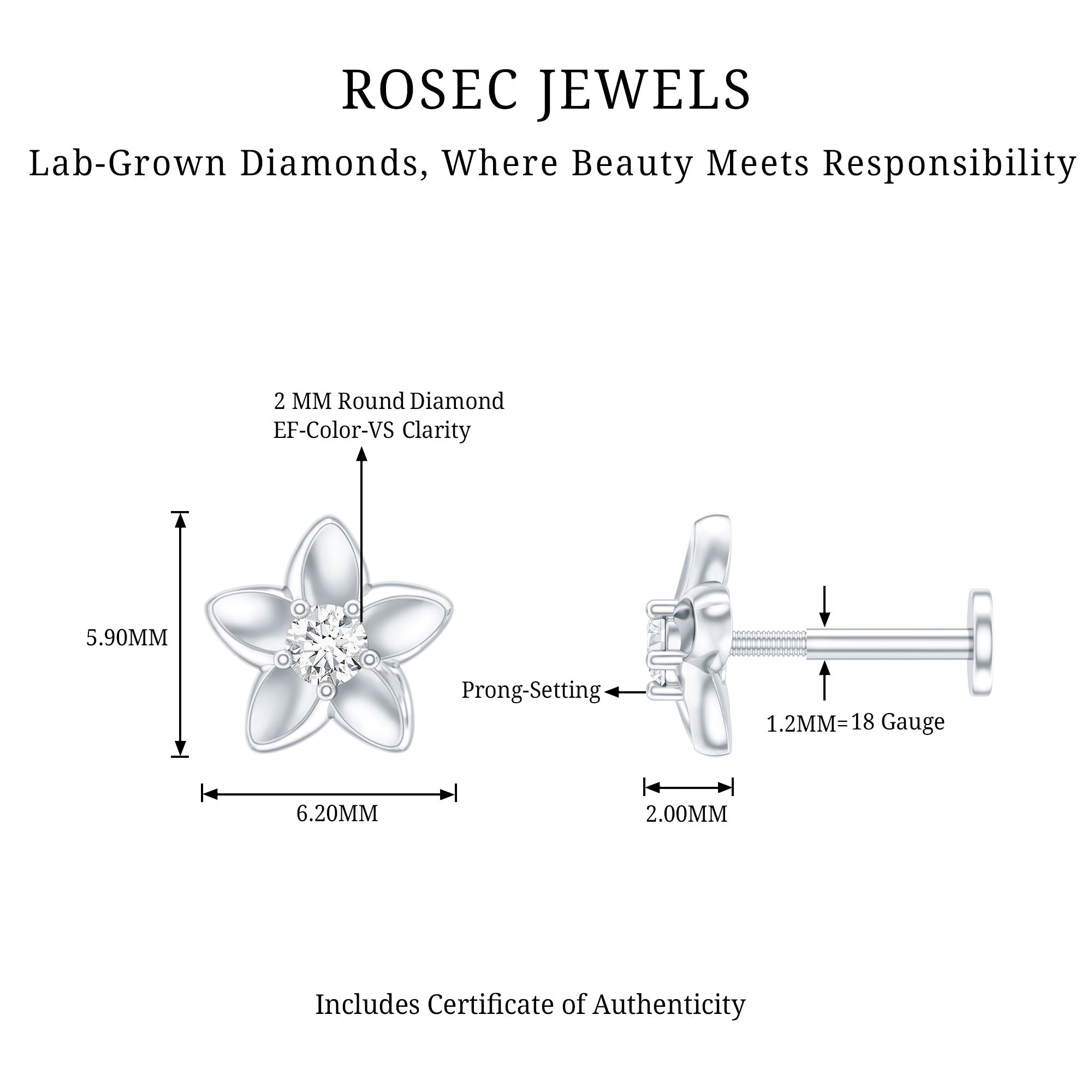 Nature Inspired Diamond Earring for Conch Piercing Lab - ( EF-VS ) - Rosec Jewels