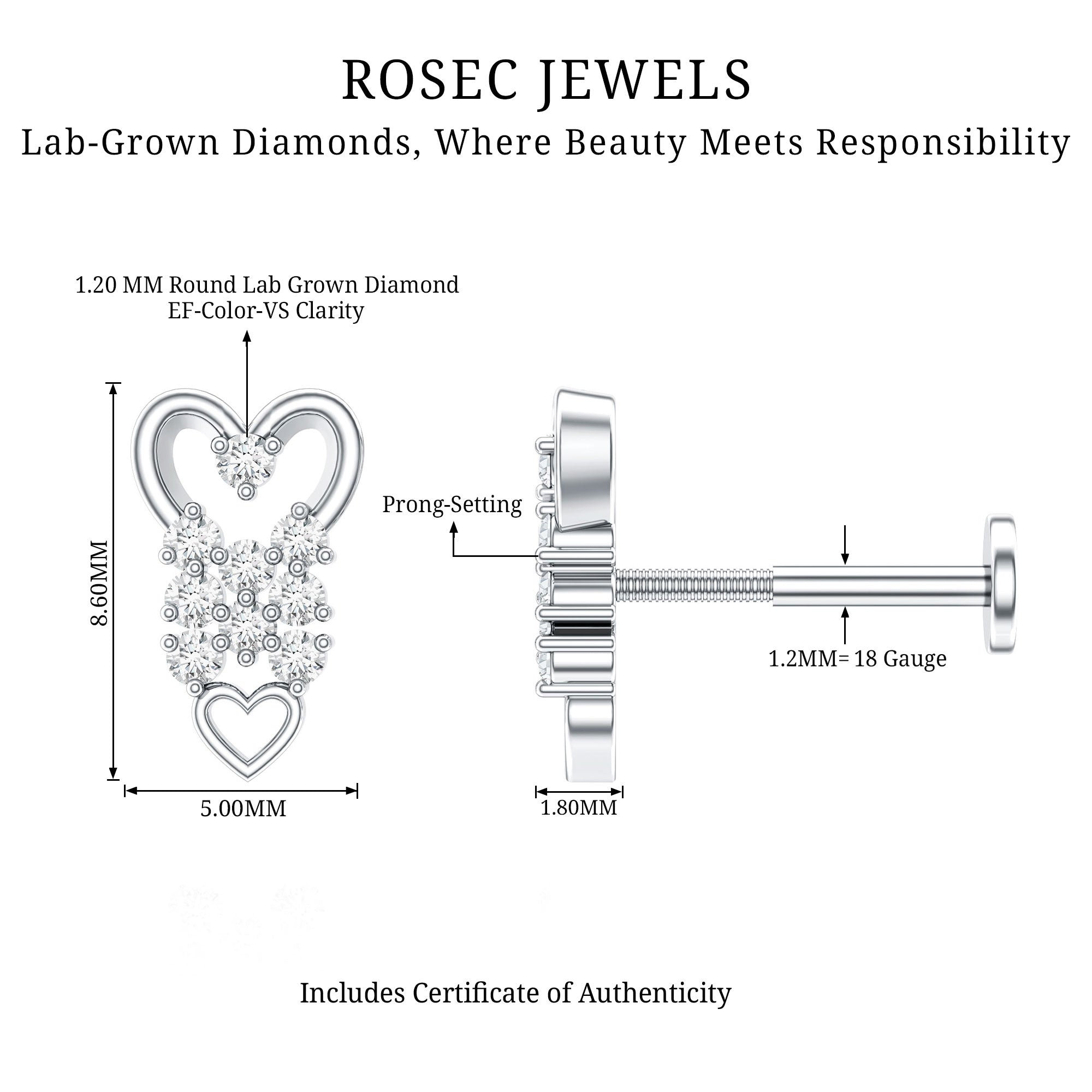 Diamond Heart Cartilage Earring Lab - ( EF-VS ) - Rosec Jewels