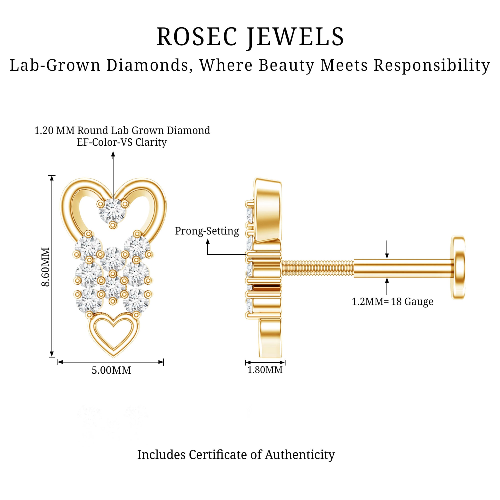 Diamond Heart Cartilage Earring Lab - ( EF-VS ) - Rosec Jewels
