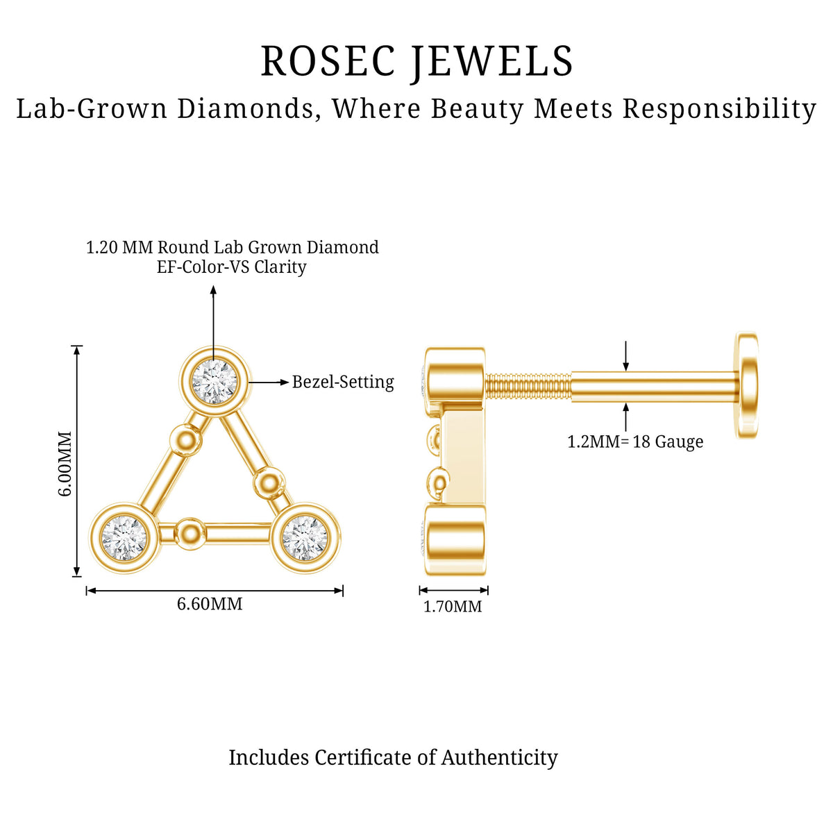 Diamond Open Triangle Earring for Conch Piercing Lab - ( EF-VS ) - Rosec Jewels