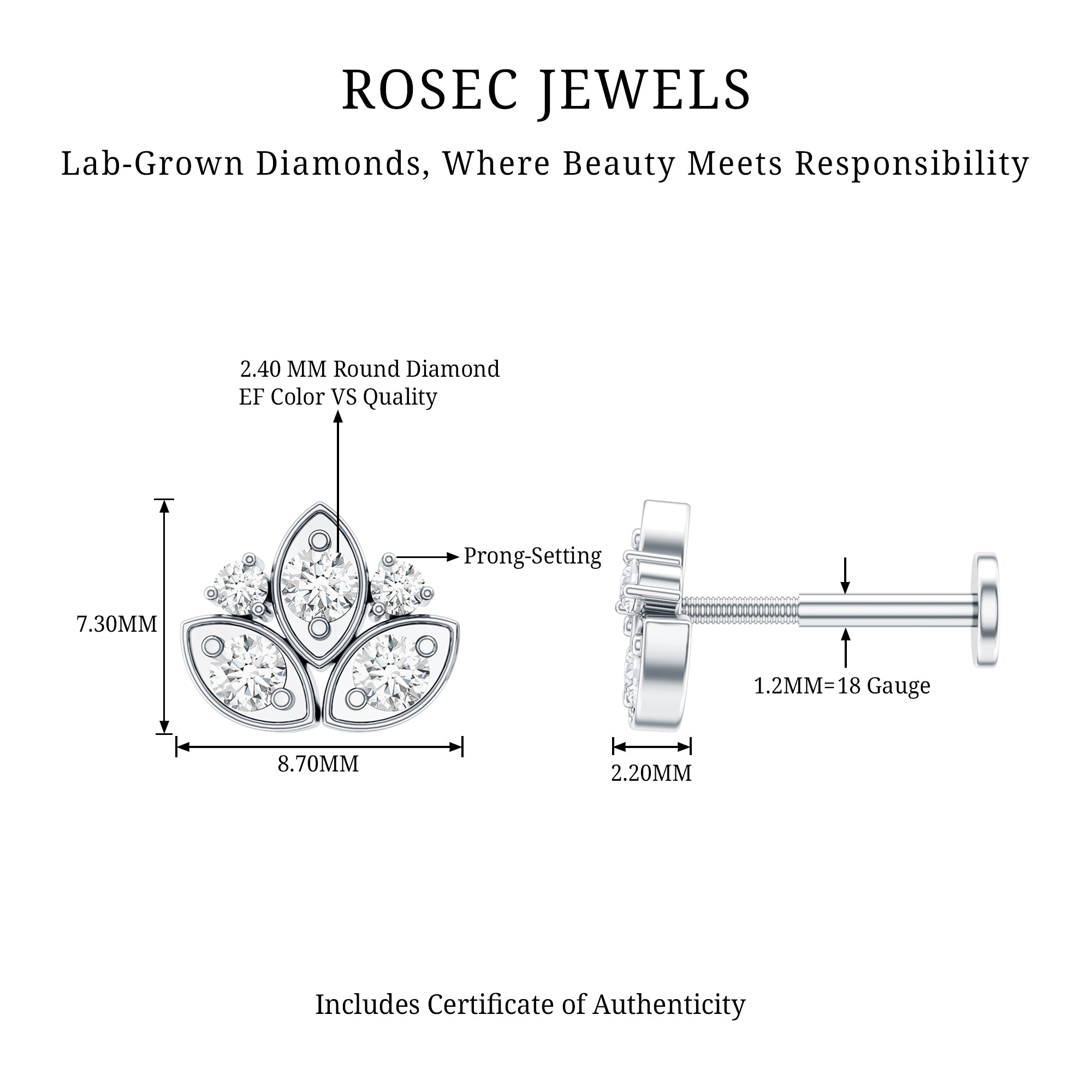Diamond Lotus Earring for Cartilage Piercing Lab - ( EF-VS ) - Rosec Jewels
