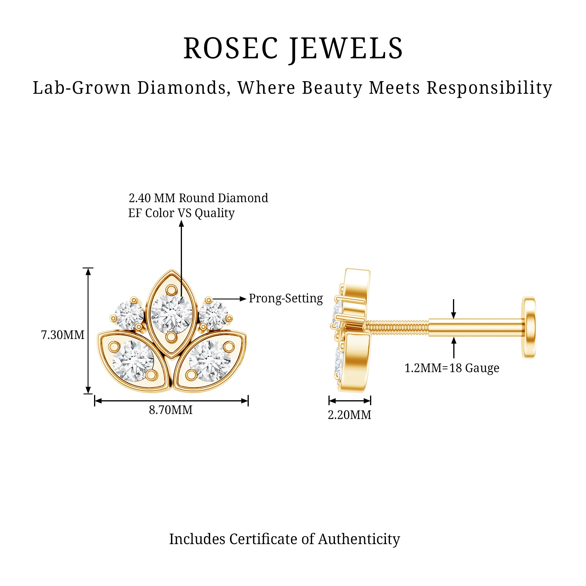 Diamond Lotus Earring for Cartilage Piercing Lab - ( EF-VS ) - Rosec Jewels