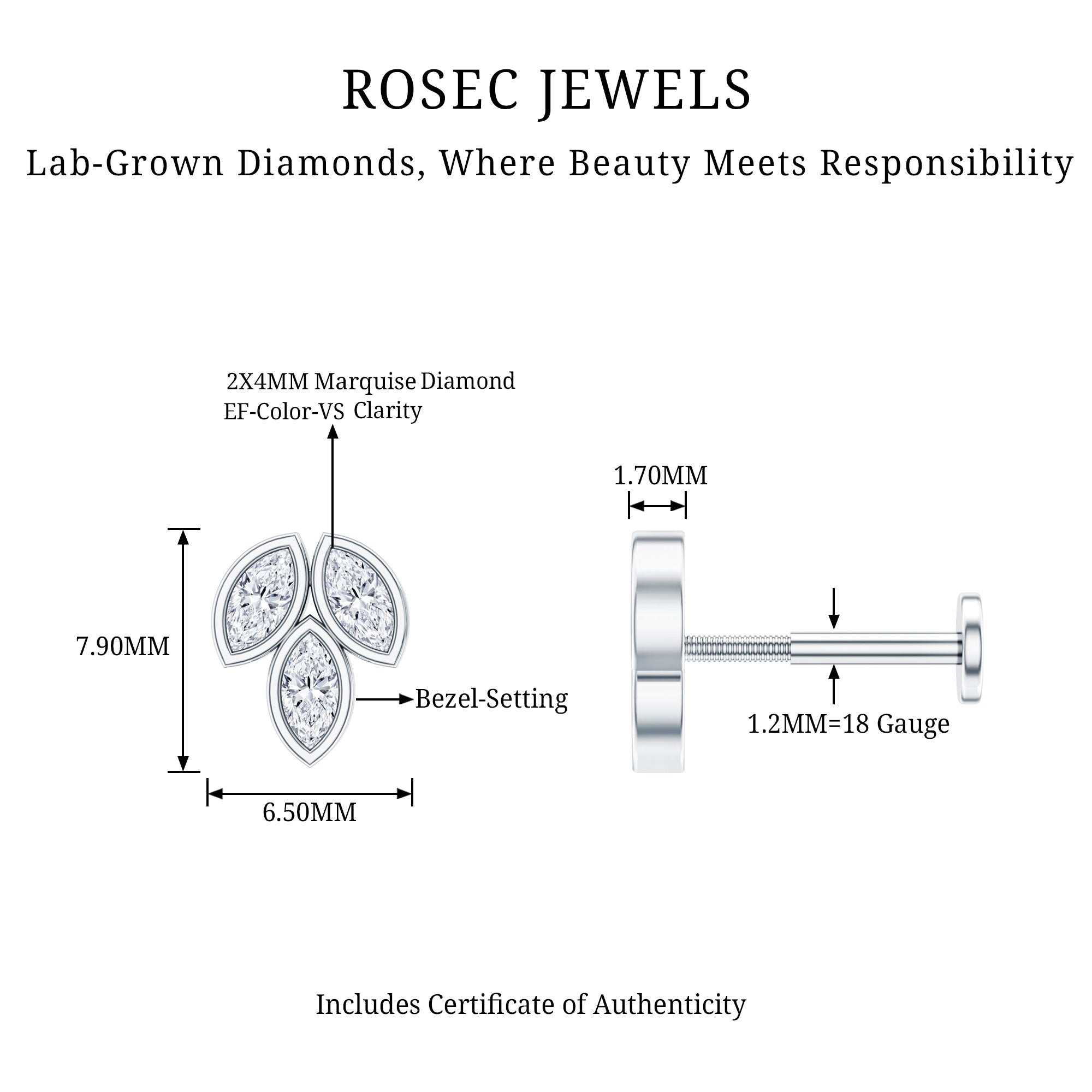 Marquise Diamond Three Stone Cluster Earring Lab - ( EF-VS ) - Rosec Jewels