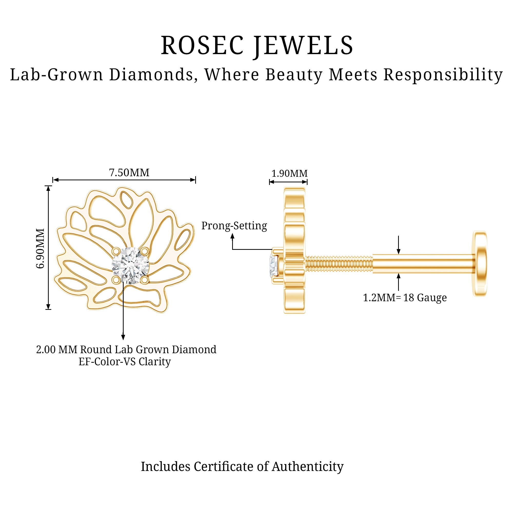 Diamond Lotus Flower Earring for Conch Piercing Lab - ( EF-VS ) - Rosec Jewels
