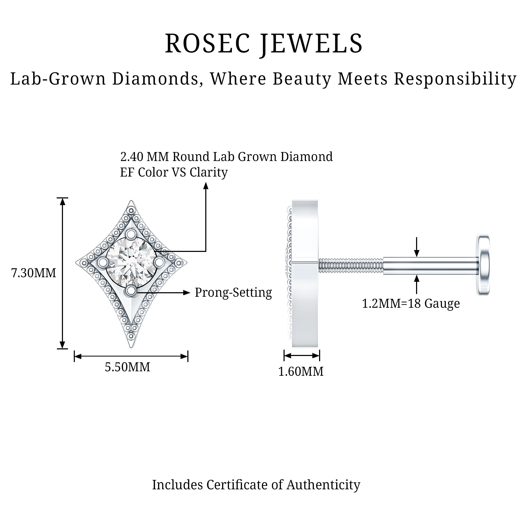 Diamond Kite Shape Tragus Earring Lab - ( EF-VS ) - Rosec Jewels