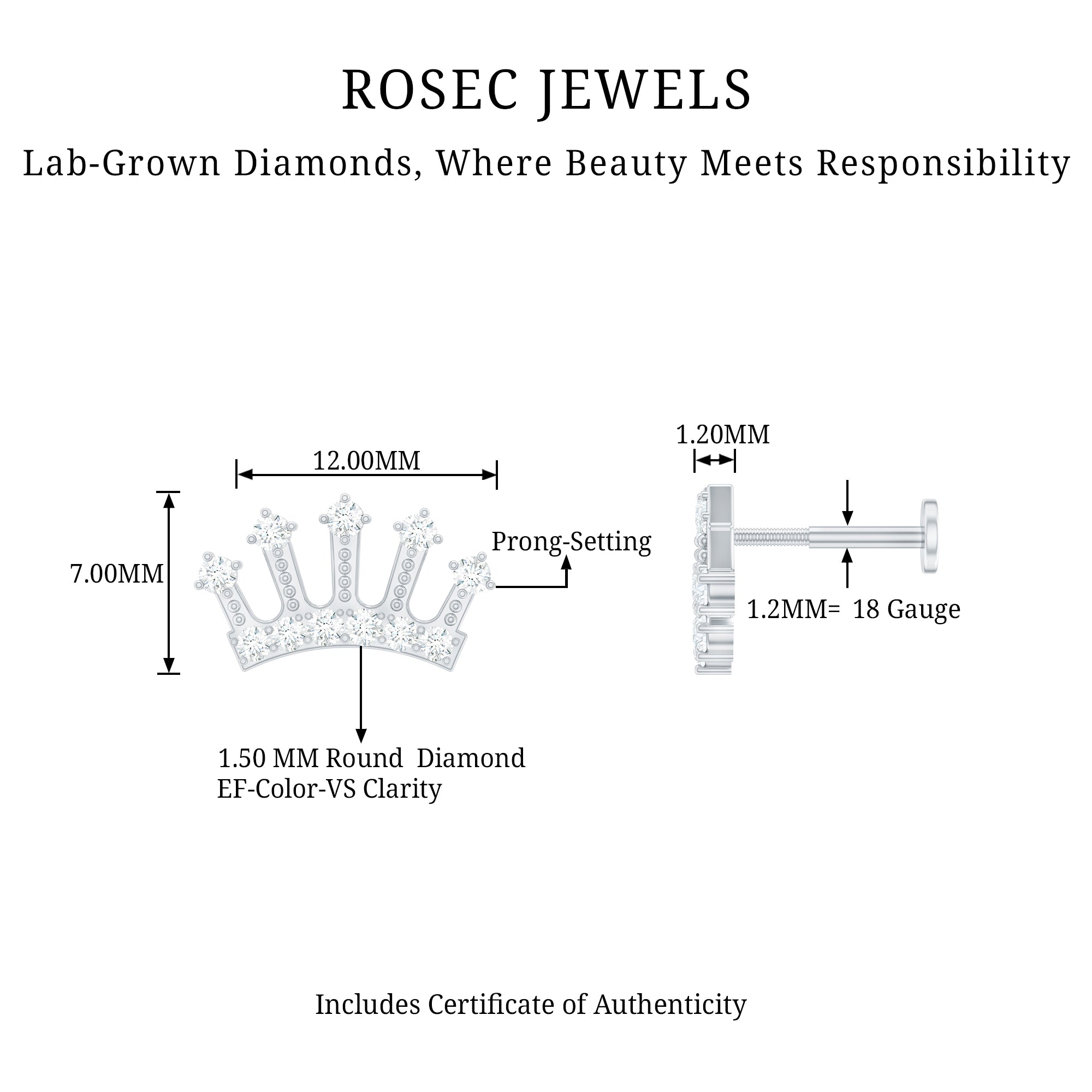 Certified Diamond Crown Earring for Helix Piercing Lab - ( EF-VS ) - Rosec Jewels