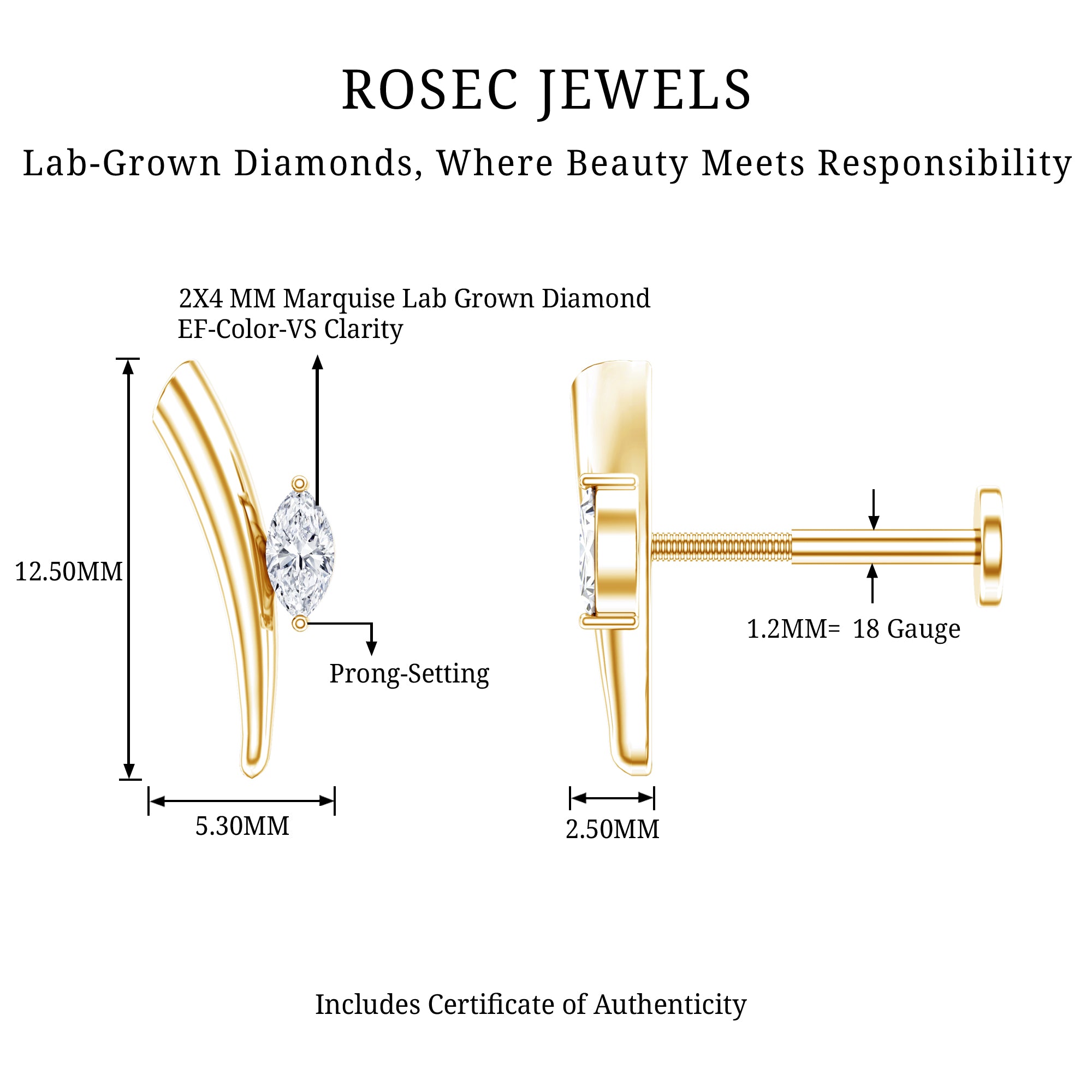 Marquise Cut Diamond Solitaire Earring for Tragus Piercing Lab - ( EF-VS ) - Rosec Jewels