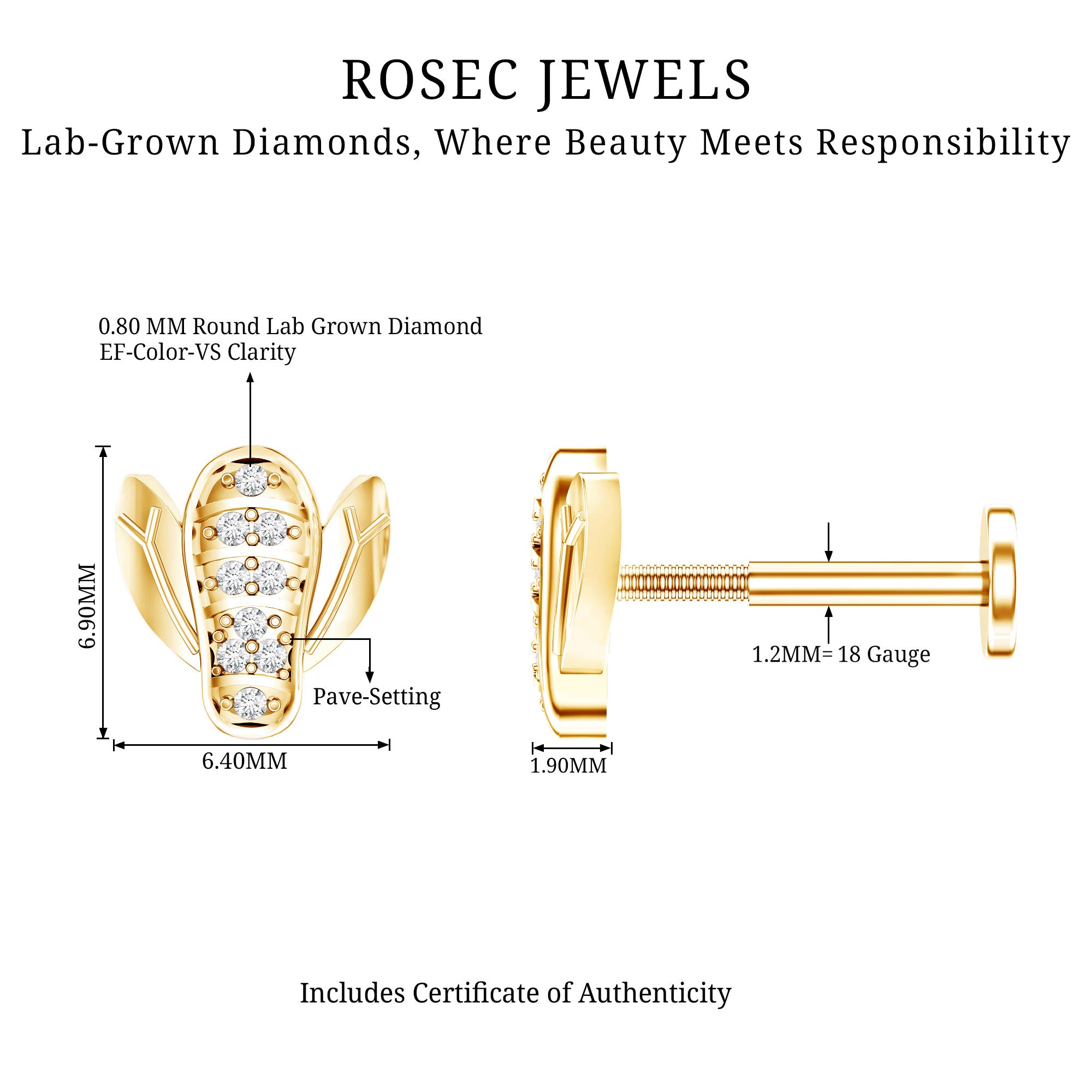 Diamond Bumblebee Earring for Helix Piercing Lab - ( EF-VS ) - Rosec Jewels