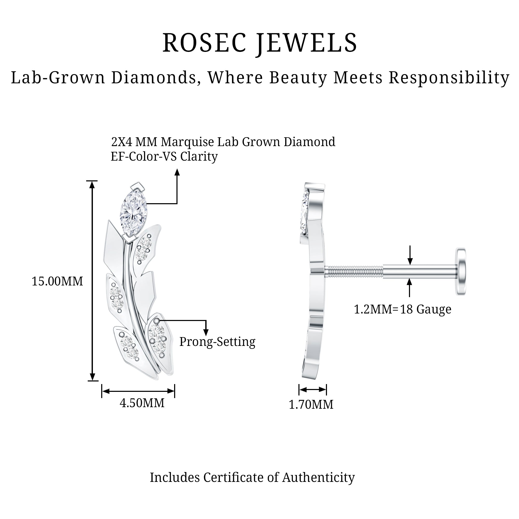 Diamond Leaf Crawler Earring for Helix Piercing Lab - ( EF-VS ) - Rosec Jewels